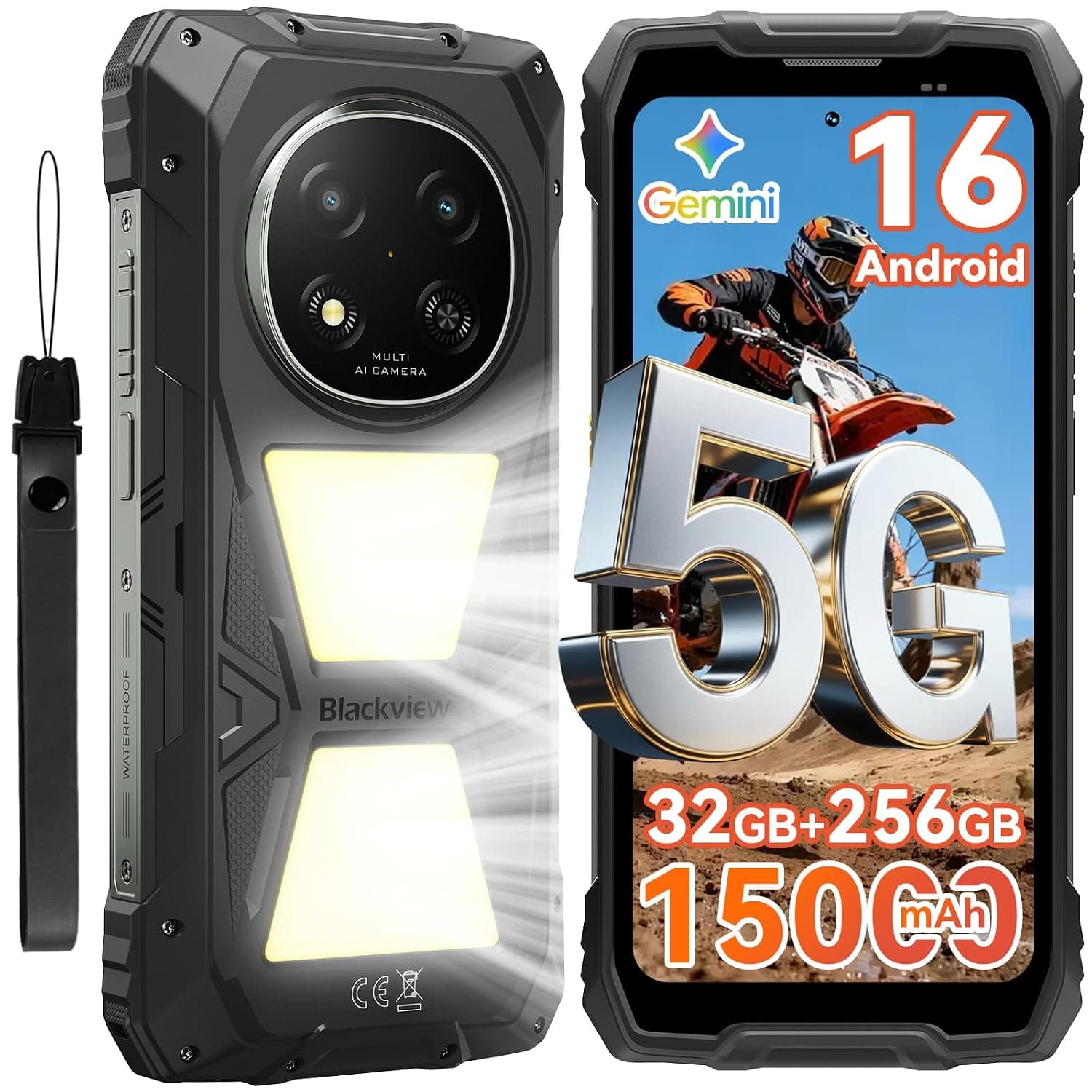 Blackview Rock 2 Pro 5G Rugged Phone Android 16, 15000mAh/33W Dual 400LM Camping Light, 32GB+256GB/2TB Rugged Smartphone Unlocked Gemini AI, 16MP+13MP 6.67" 2.4K 120Hz Glove Mode/NFC