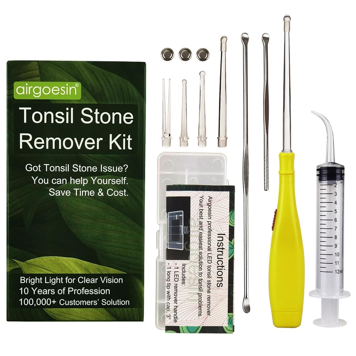 Tonsil Stone Remover Kit, Lighted, 5 Tips, Oral Irrigator for Bad Breath | 6.75" Tonsil stone removal kit with oral syringe & long tonsillolith pick, clean tonsil crypts for throat and oral care