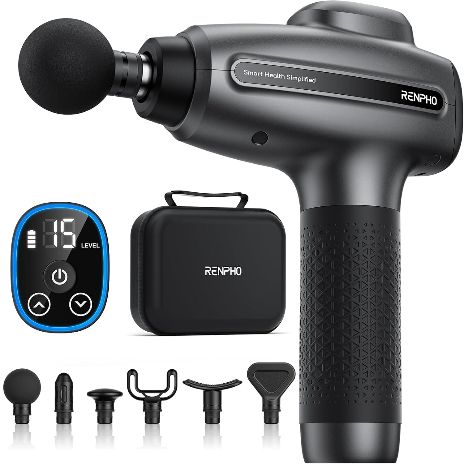 RENPHO Deep Tissue Massage Gun, Percussion Muscle Massage Gun for Athletes, Electric Manual Massage Gun for Pain Relief, Relaxation, 6 Massage Heads (Grey)