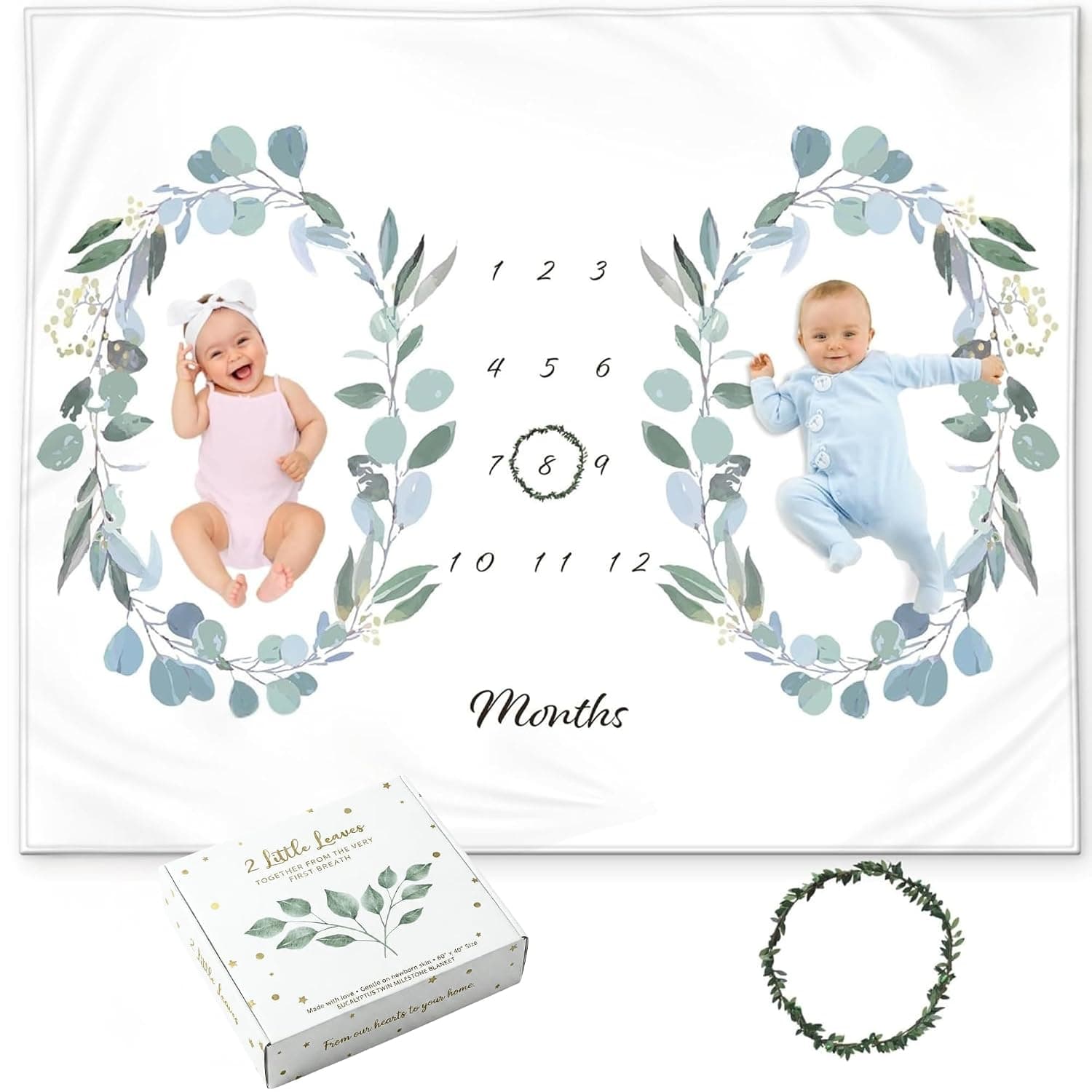 Twins Baby Monthly Milestone – Soft Fleece Baby Month – Eucalyptus Leaves Design – Gender Neutral for Twin Boys or Girls, Baby Shower Nursery Decor, Twin Baby Essentials, 50x40