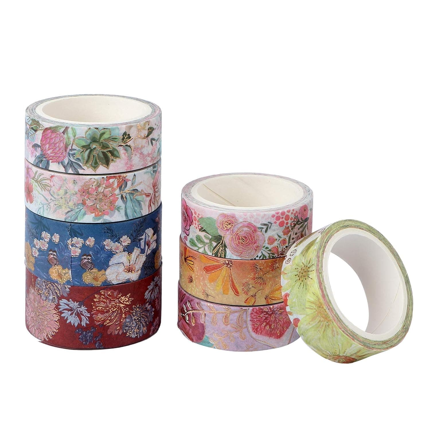 8pcs Floral Washi Tape Decorative Masking Tape Japanese Adhesive Gift Wrapping Tapes for Journal Book Planners DIY Crafts Arts Scrapbooking QiLong