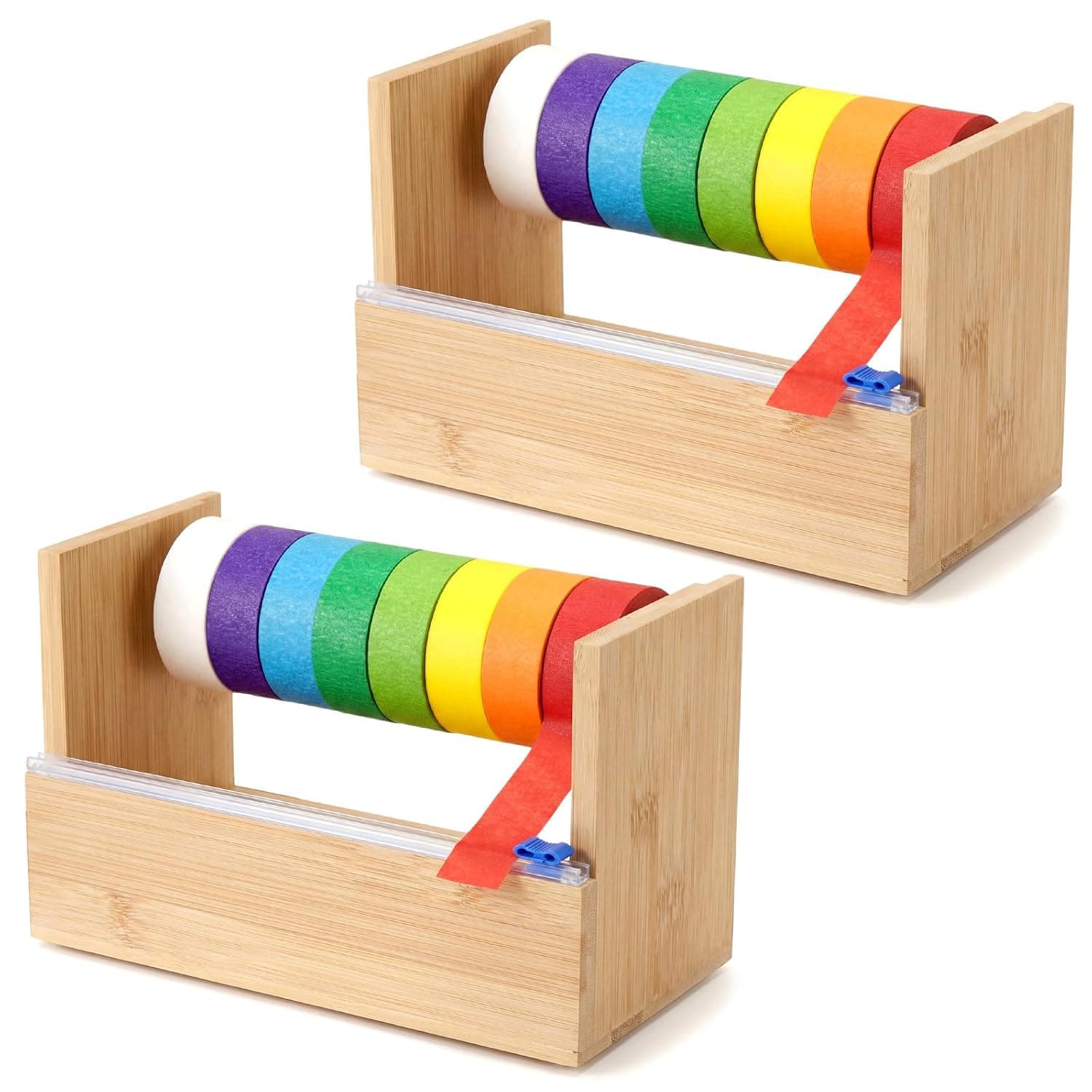 Hoteam 2 Pack Wood Masking Tape Dispenser, Multi Roll Washi Tape Cutter Holder for Gift Wrapping, Kitchen, Office, Desktop Craft, 9.4" x 5.5" x 5"