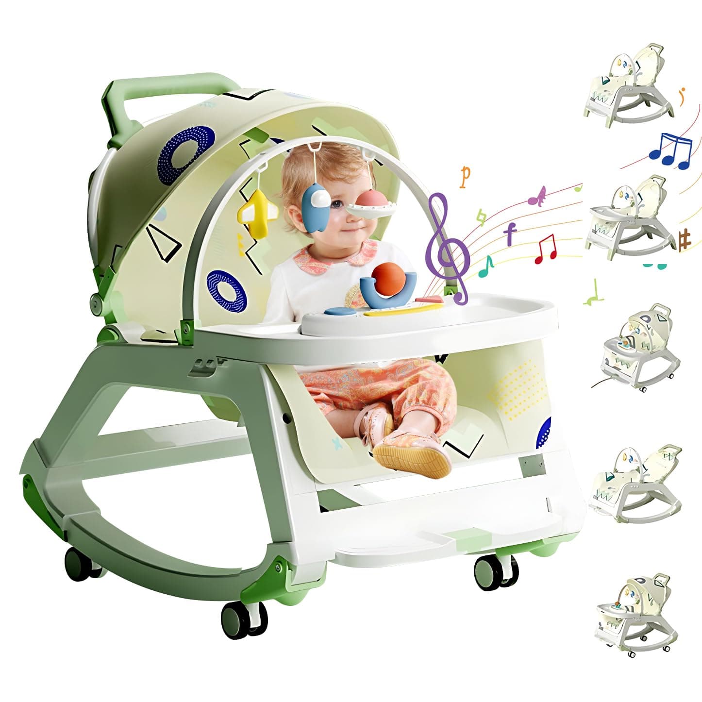 Baby Swing Bouncer, Rocking Chair Toddler Rocker Multiple Mode with Removable Musical Toy Bar Safety Belt Adjustable Back Disk Shading Shed, Infant Swing Seat for Newborn Boy Girl 6-36 Month