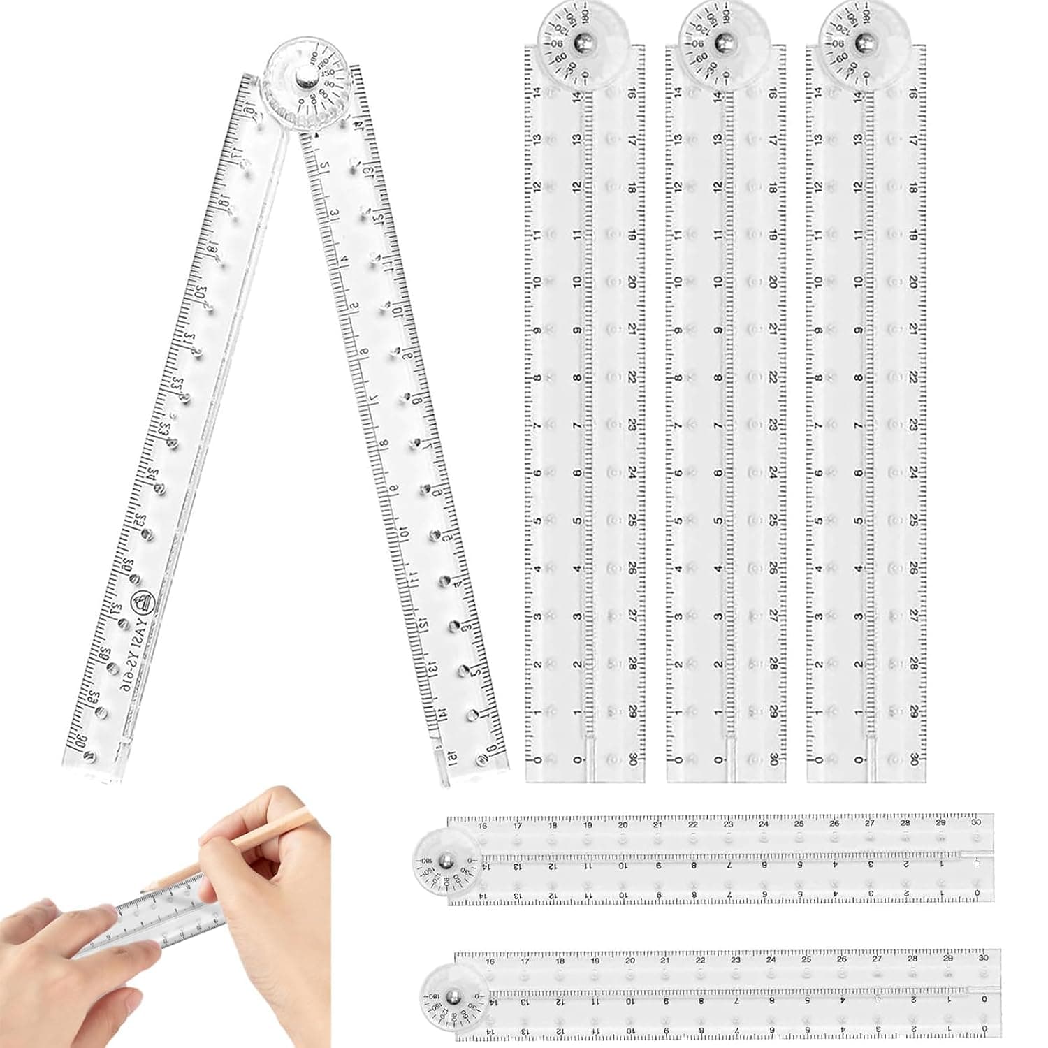 6 PCS Foldable Ruler, 30cm Foldable Ruler, 15cm Transparent Straight Ruler, Clear Geometric Measuring Tool, for School, Home, Lineman Carpenter Electrician Engineers or Office Use