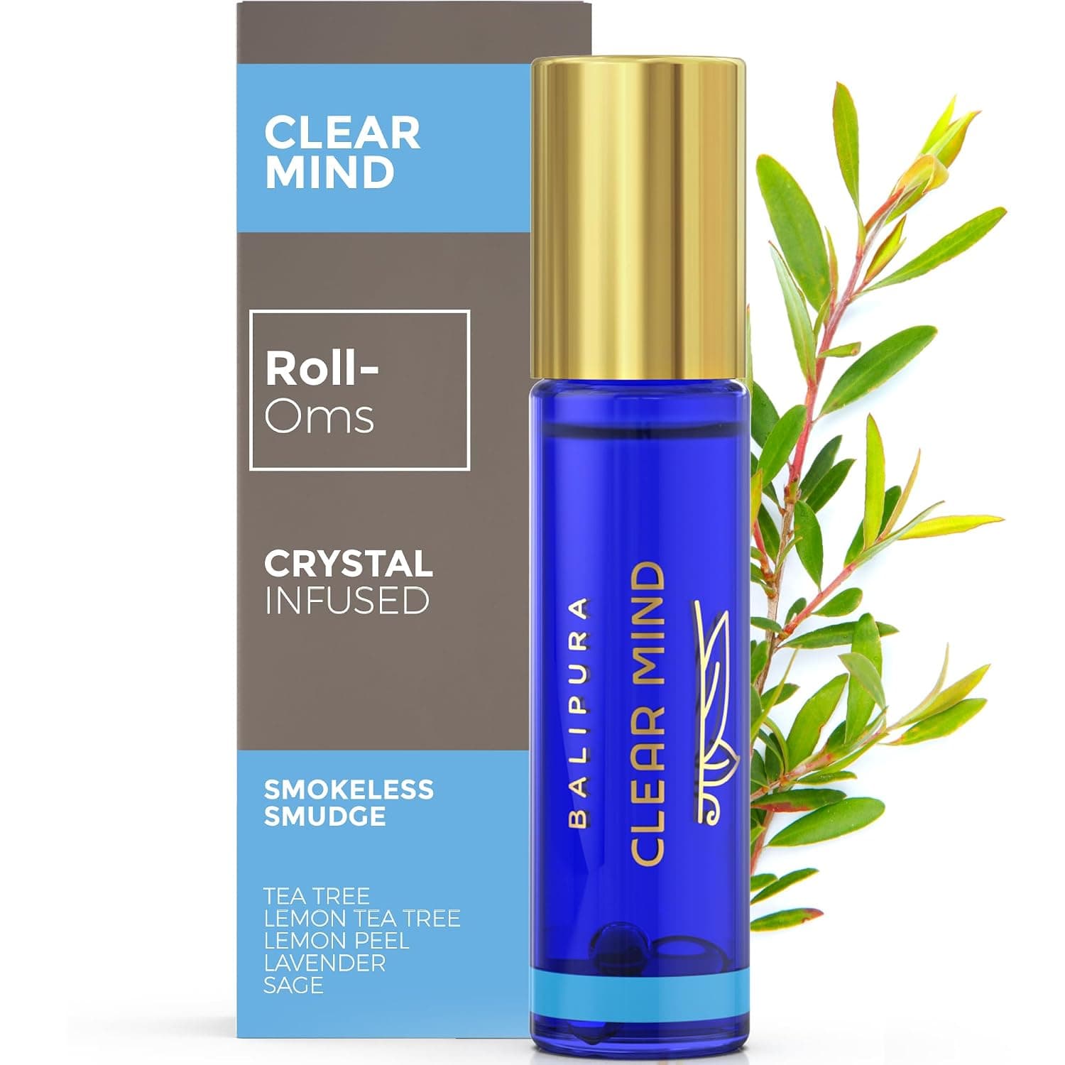 BALIPURA - Crystal Aura Roll On - Clear Mind Aromatherapy Oil - Tea Tree Essential Oils Roll on with Crystals - Essential Oils - Scented Oils - Gifts for Women
