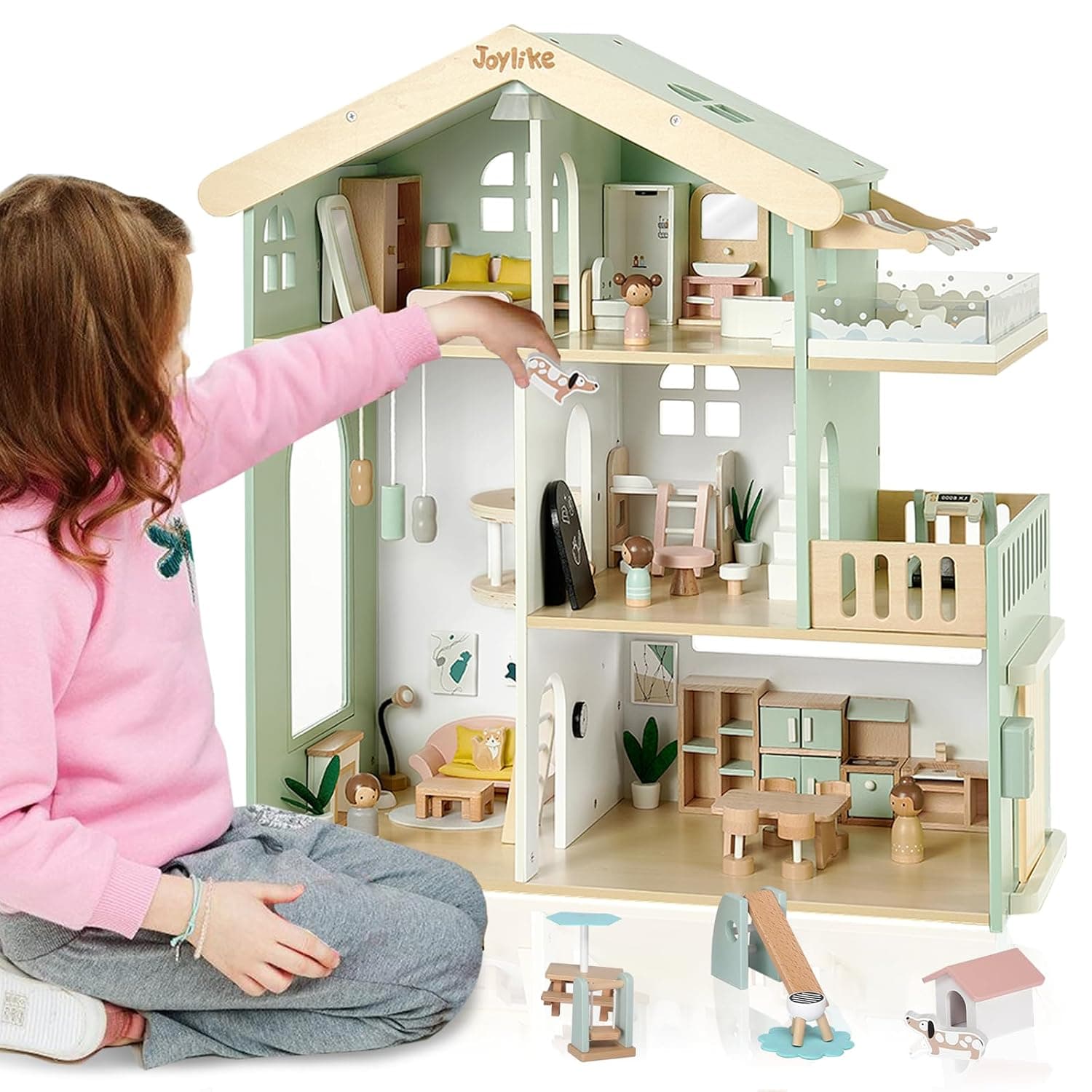 Joylike - Wooden Dollhouse for Kids, Family Dollhouse with 53 Pieces, Includes Toy Figures, Furniture, and Accessories, Ideal Gift for Children Ages 3 and Up | Family Dollhouse, Ideal Gift for Kids Ages 3+