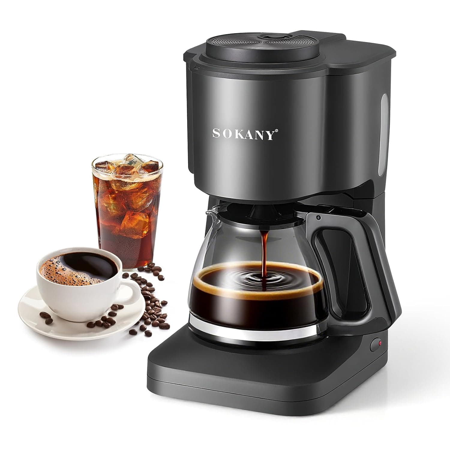 SOKANY Drip Coffee Maker-750ML,Up to 6-Cup Drip Coffee Machine, Easy-Grip Handle, Drip Stop, Non-Stick Warming Plate, Auto-Shutoff, Boil Dry Protection, Silver/Black