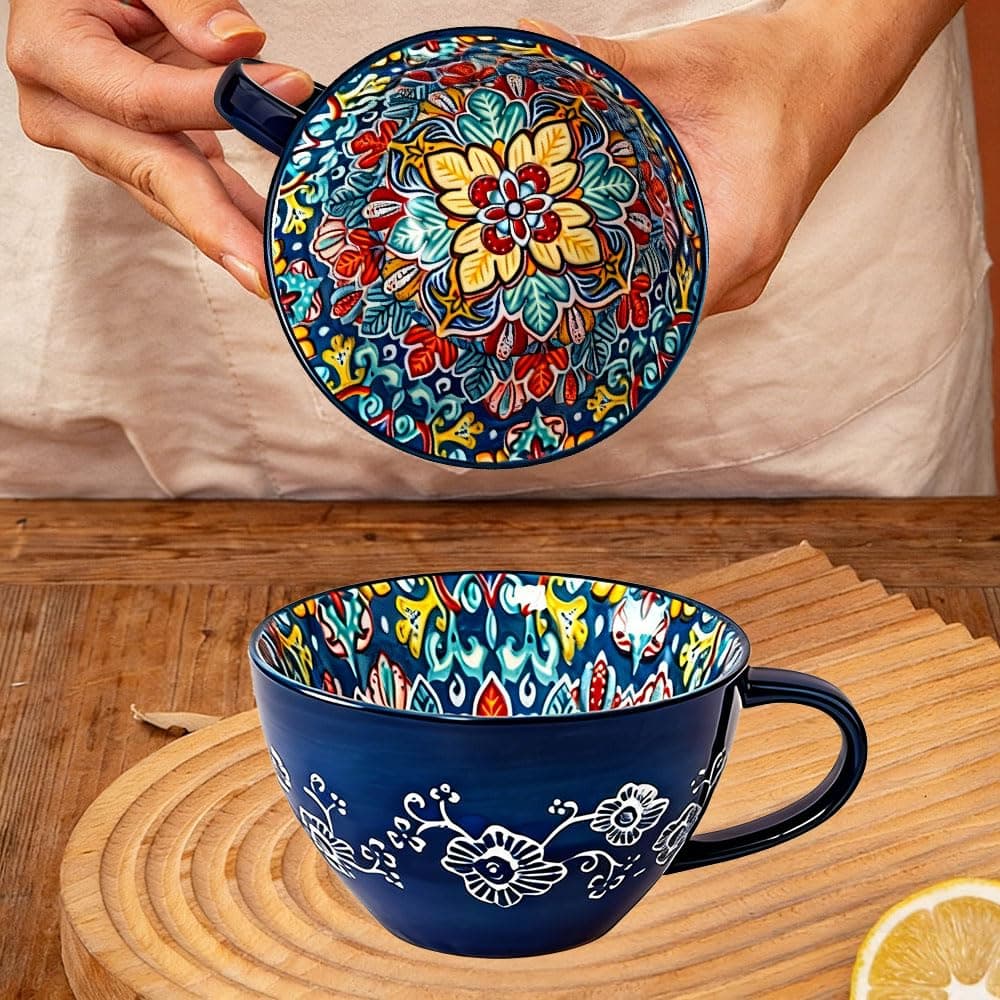Bohemian Hand-Painted Ceramic Mug & Drinking Cup, 13.5 Oz Large Coffee Cup for Milk, Tea, and Breakfast, Dishwasher & Microwave Safe Artisan Cup, Blue