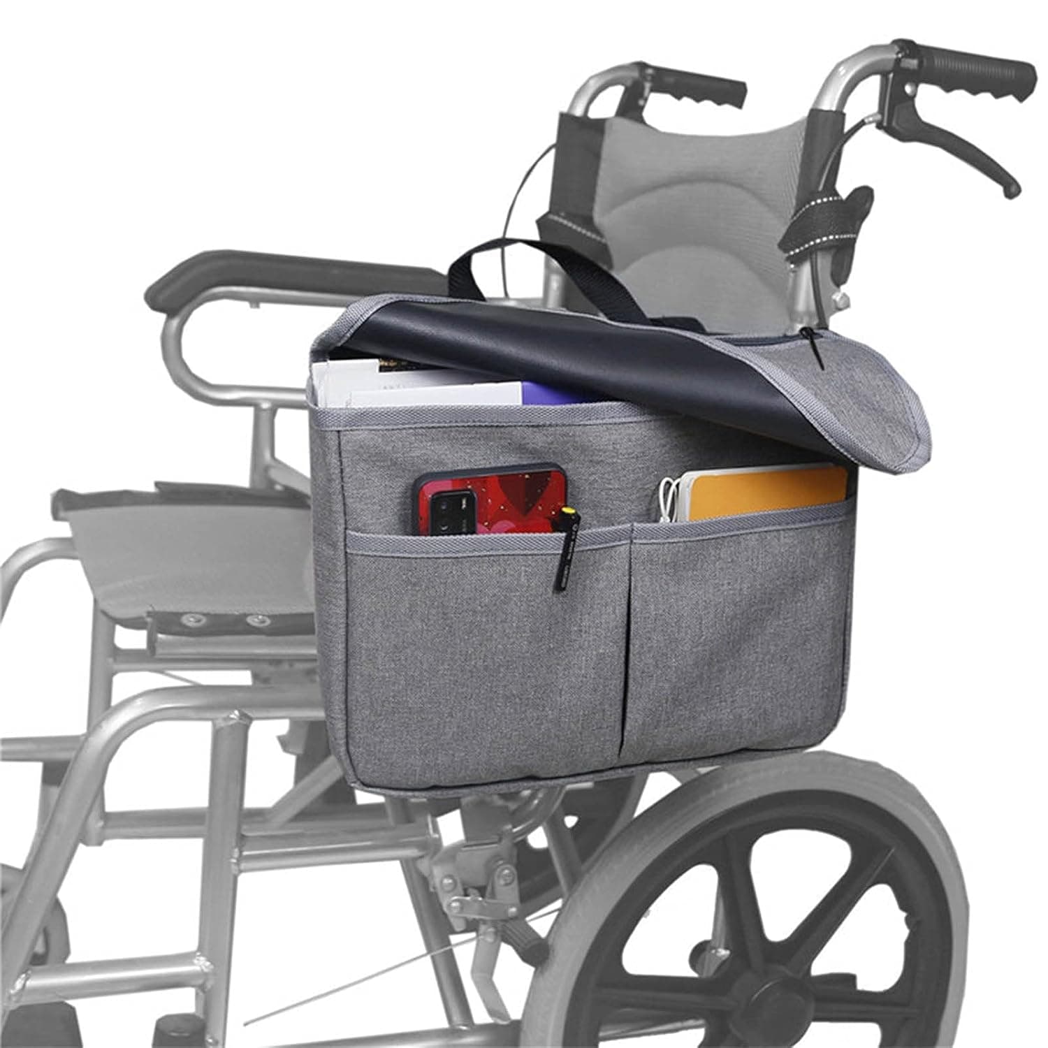 Wheelchair Bag, With Cover Wheelchair Armrest Bags Wheel Chair and Walker Accessories for Mobility, Flexible Straps Allow for Easy Install(Gray)