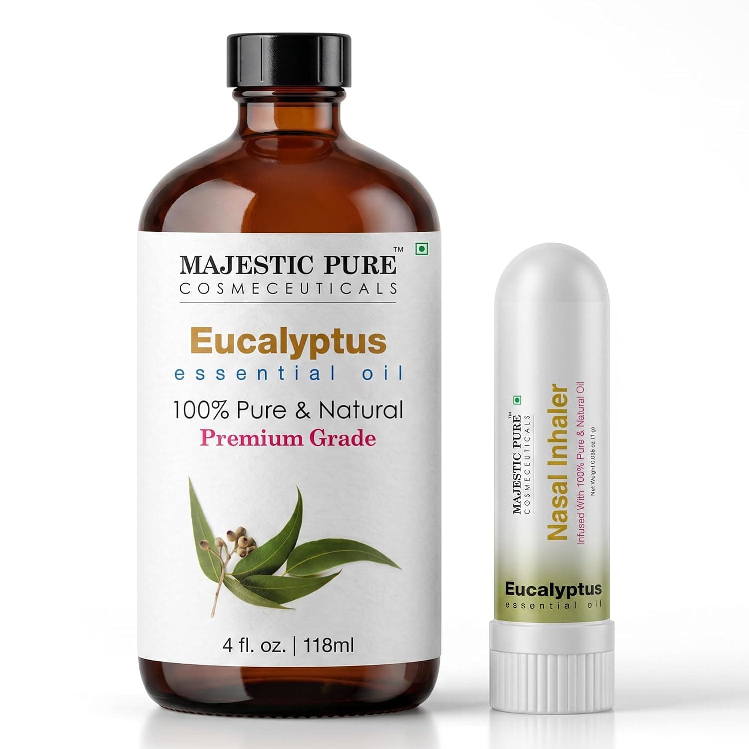 Majestic Pure Eucalyptus Essential Oil with Nasal Inhaler | 118 ml | Ideal for aromatherapy, diffuser use, personal inhaler use, home fragrance, and everyday aromatic routines.