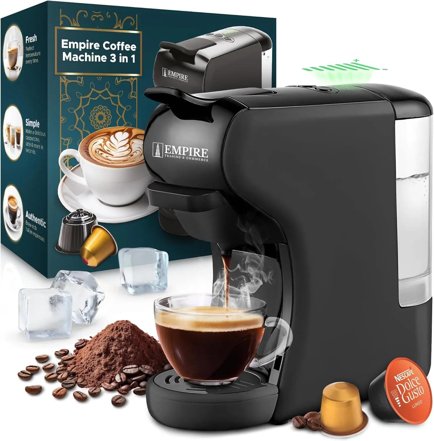 Empire Coffee Machine - 1450W Powerful Pod Coffee Machine with 600ML Detachable Water Tank - Coffee Maker with 19 Bar Automatic Steam Pressure Pump - Nespresso | Dolce Gusto | Coffee Powder