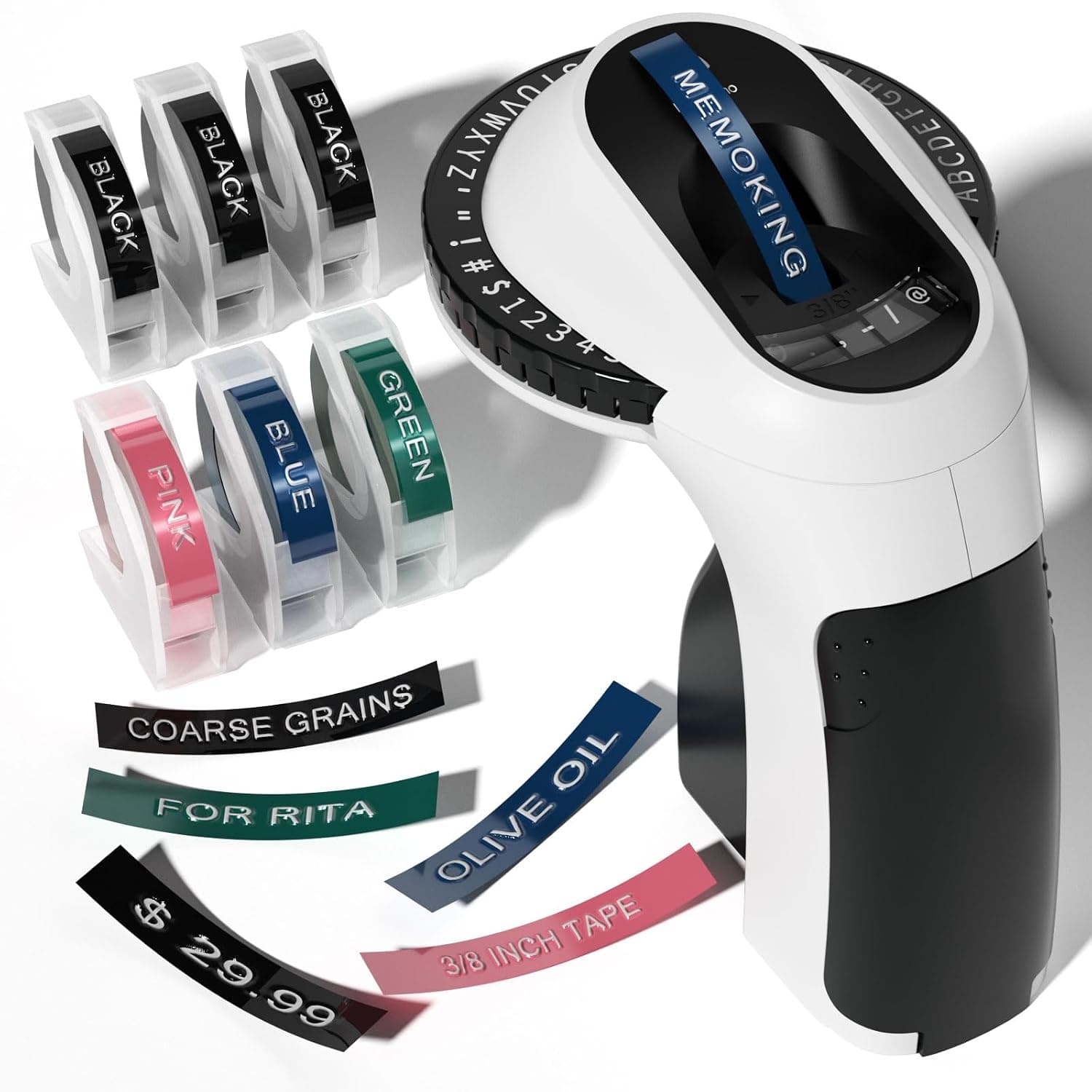 Memoking Embossing Label Maker Machine - E975 Embossing Label Maker with 6 Rolls Tapes 3/8"(9mm), 3D Handheld Labelling Machine, Lettering Embossing for Kitchen Home, Office and Child DIY (Black)