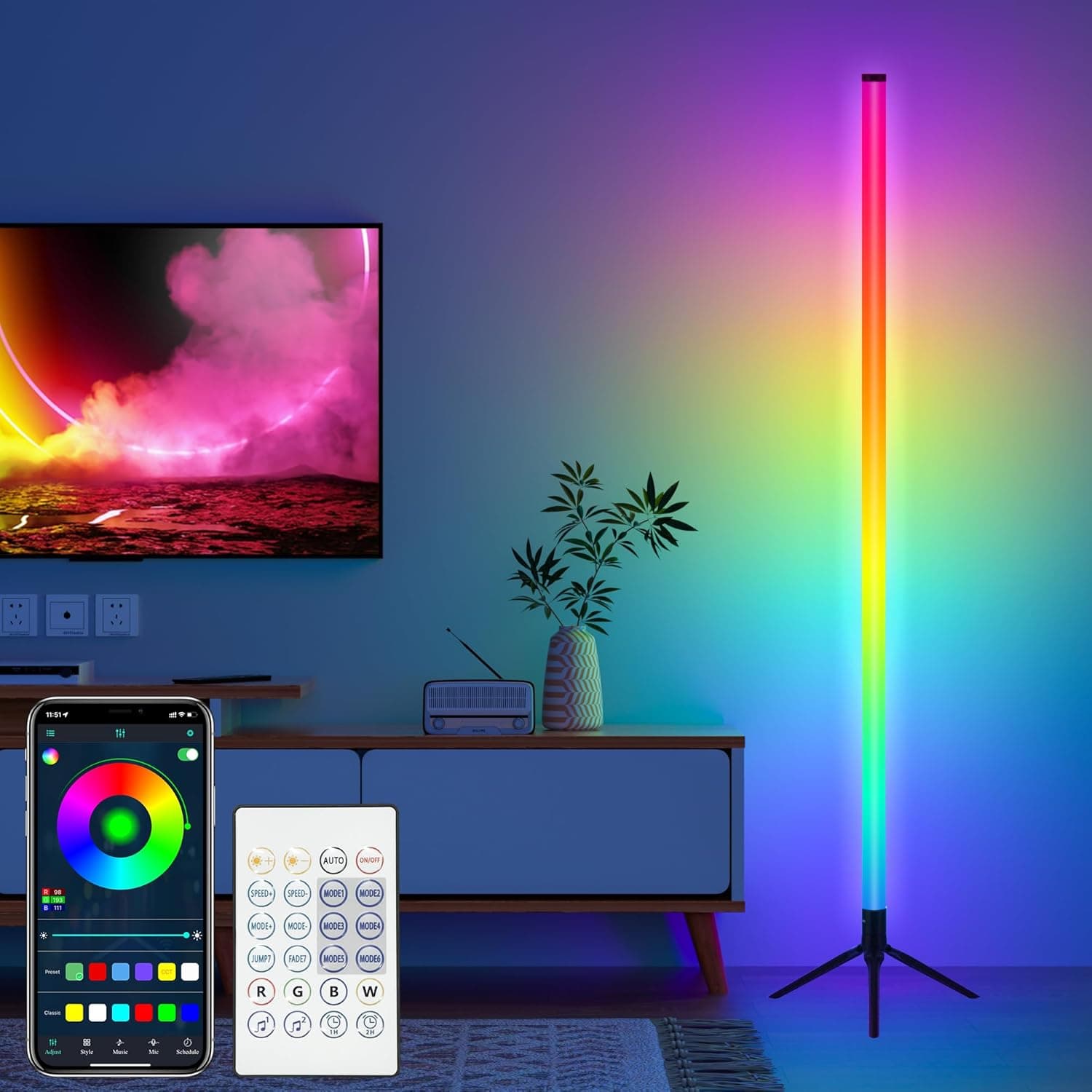 مصباح زاوية أرضي ذكي بإضاءة RGB ليد مع تطبيق وجهاز تحكم عن بعد و16 مليون لون، يمكنك تركيبه بنفسك مع مزامنة الموسيقى وإعدادات مؤقت، مثالي لغرف المعيشة وغرف النوم وغرف الألعاب من كوزي ليدي - 1.19 م
