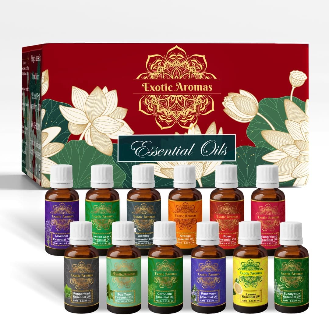 Exotic Aromas Essential Oil Lavender Rose Rosemary Orange Jasmine YlangYlang Tea Tree Eucalyptus Lemongrass Peppermint Lemon Citronella Pack of 12
