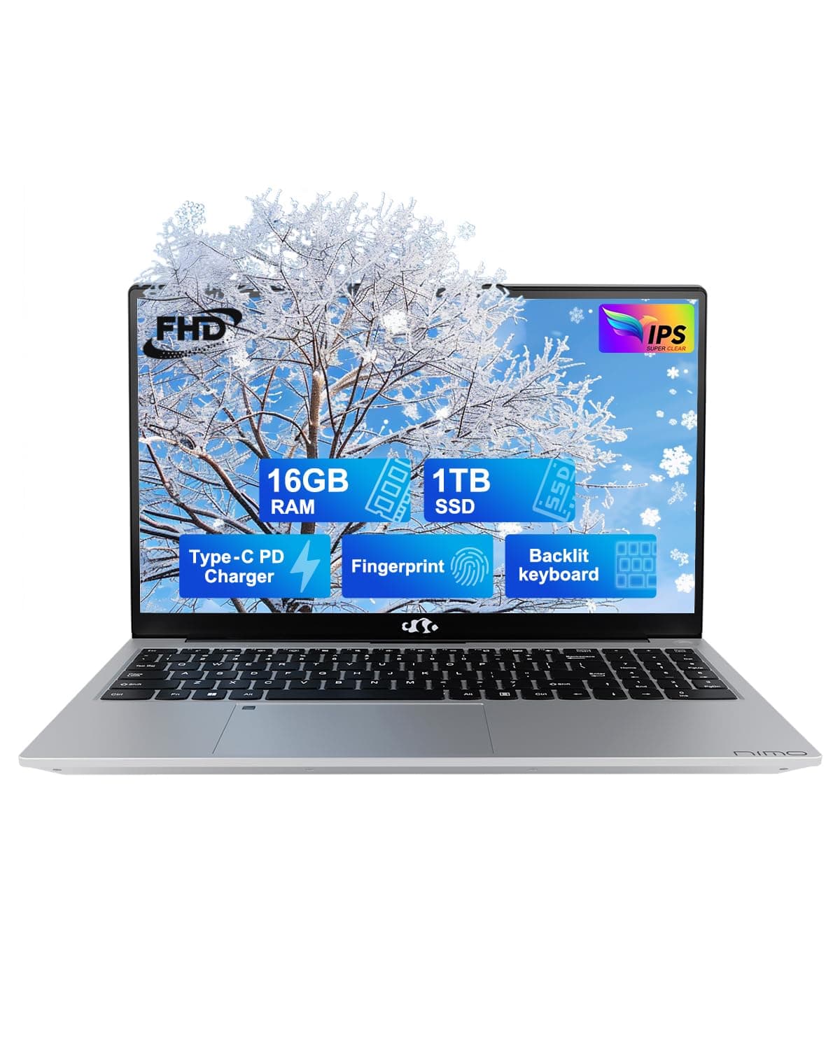 NIMO 15.6 FHD Student Laptop, 16GB RAM, 1TB SSD, Backlit Keyboard, Fingerprint, Intel Pentium Quad-Core N100 (Beat to i3-1115G4, Up to 3.4GHz), 2 Years Warranty, 90 Days Return, WiFi 6, Win 11