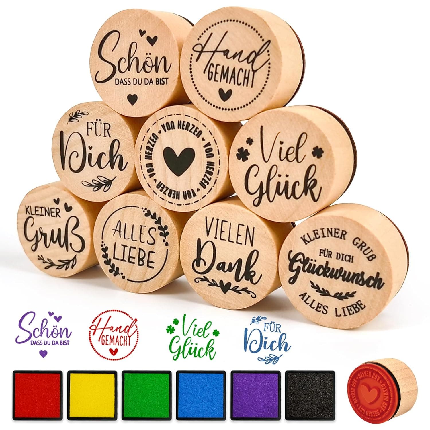 9 Pieces Wooden Stamp with Ink Pad, Thank You Wooden Stamp Schön Dass du da Bist Viel Glück Stamp Set, Stamp Thank You for Gift Wrapping, Greeting Card, Invitation, Card Making, Scrapbooking