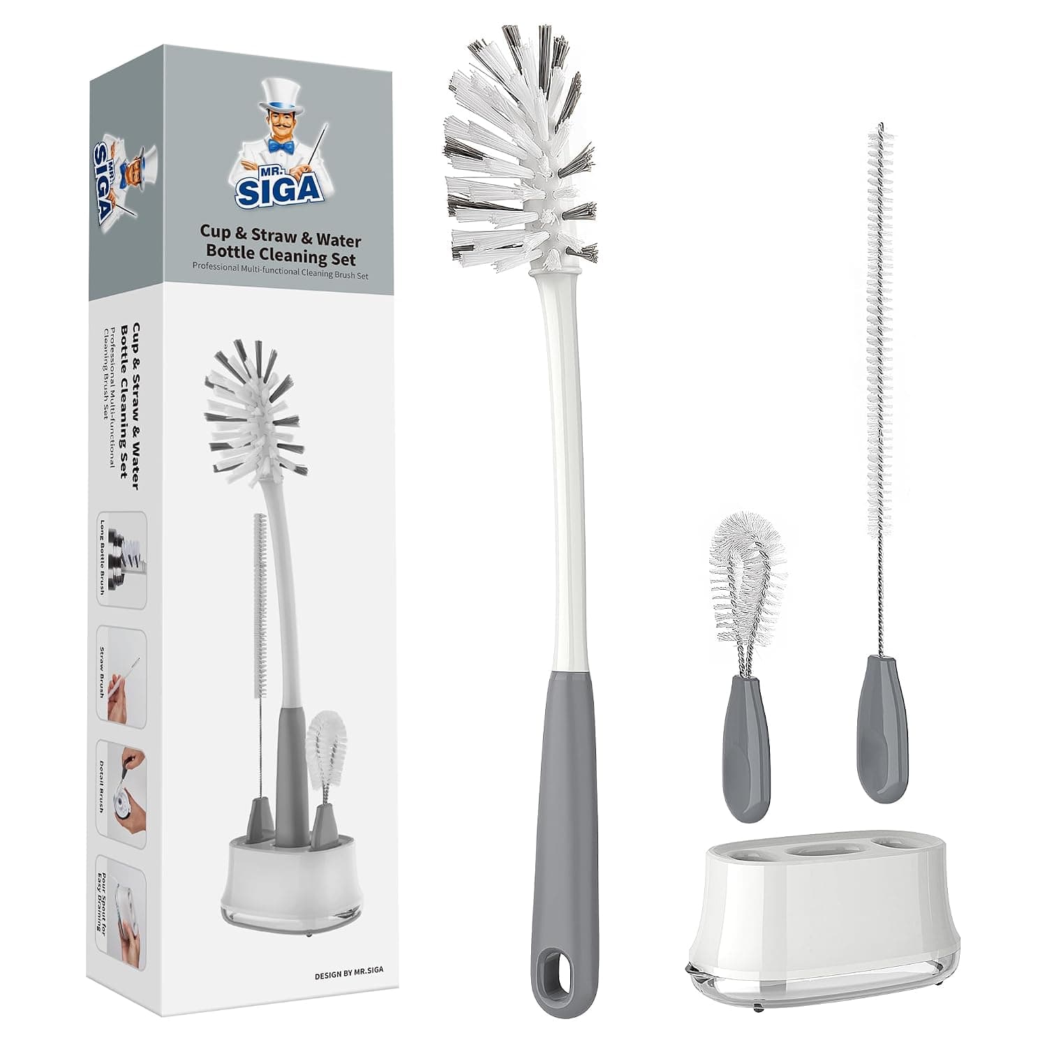 MR.SIGA Water Bottle Brush Cleaning Set with Storage Holder | Bottle brush with stand, cleaning brushes for tumblers, baby bottles, drinking glass, straw cleaner brush