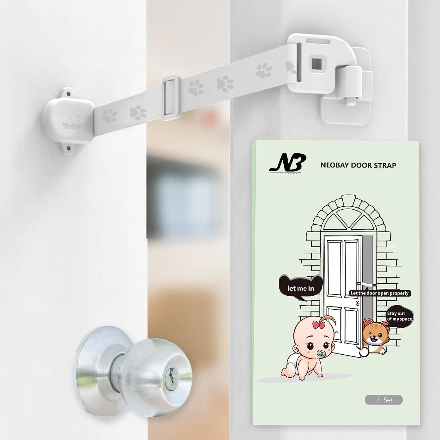 Neobay Child Proof Door Lock with Adjustable Door Strap and Latch. No Need for Interior Cat Door. Keep Toddler Out of Room with Litter Box While Let Cat in Easily.
