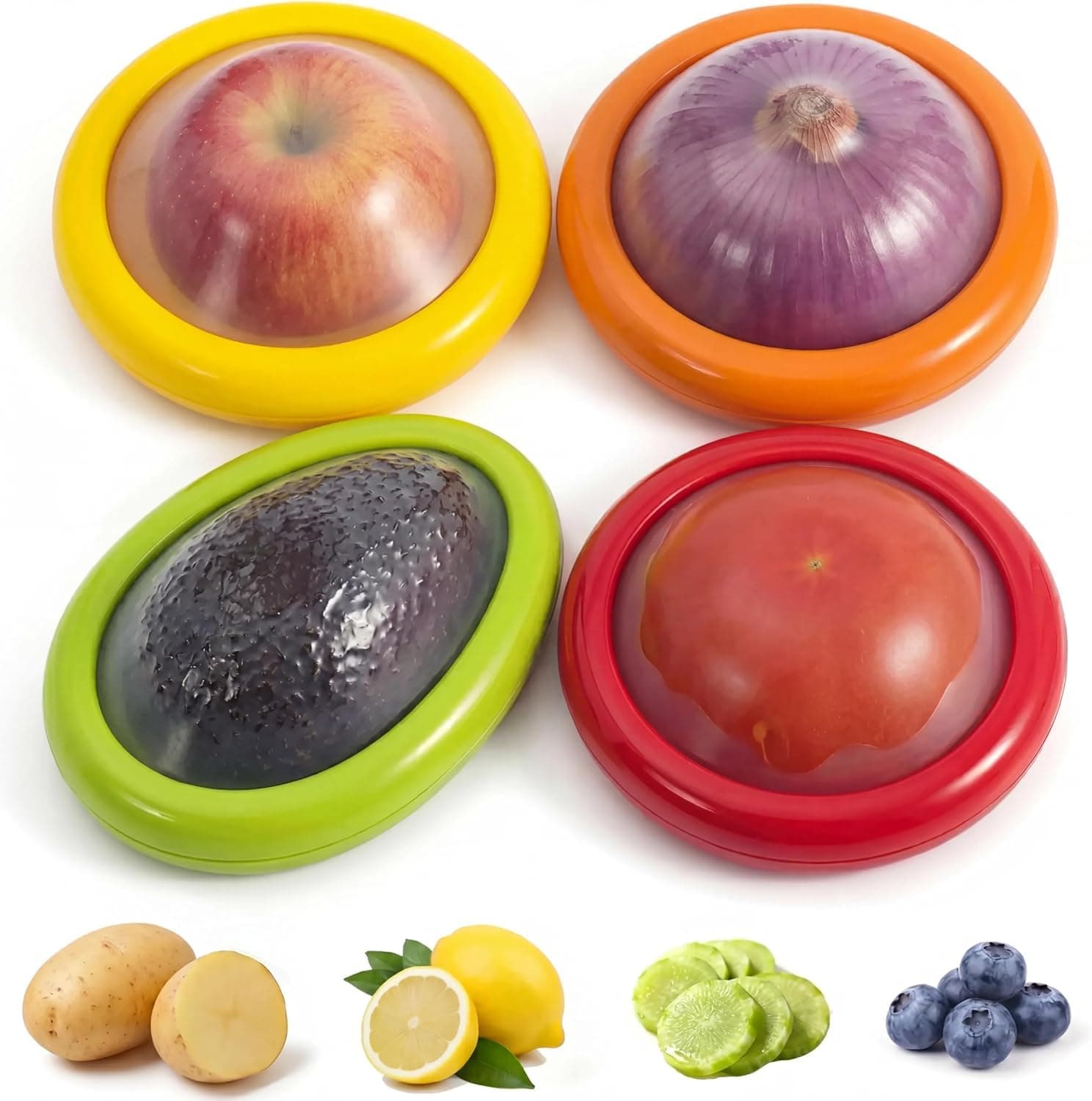 4Pcs Silicone Food Storage Containers, Reusable Produce Saver for Avocado, Lemon, Tomato, Onion, Anti-Smell Refrigerator Organizer for Kitchen (4, Red & Yellow & Orange & Green)