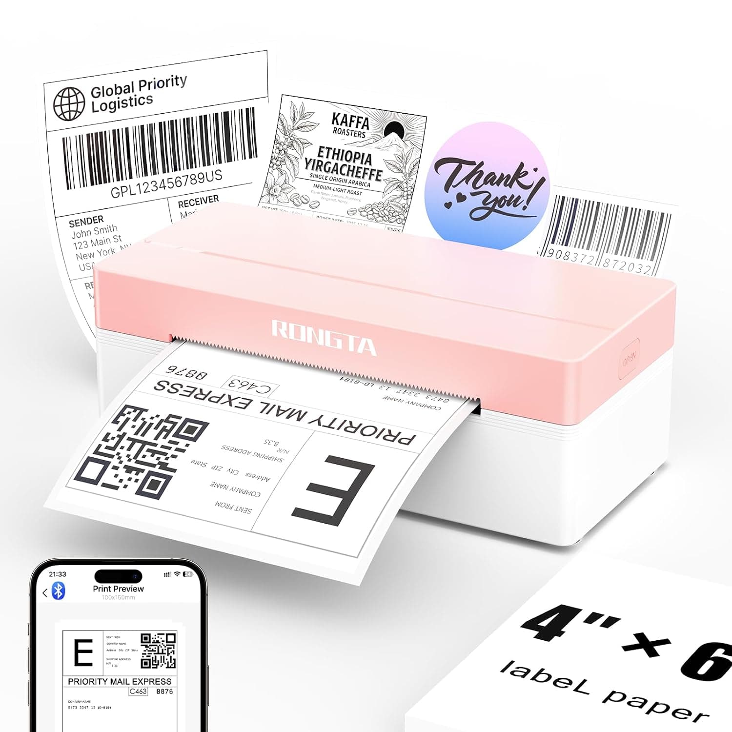 Rongta Bluetooth Thermal Shipping Label Printer, Wireless 4x6 Label Printer for Postage, Address(Pinkwhite)