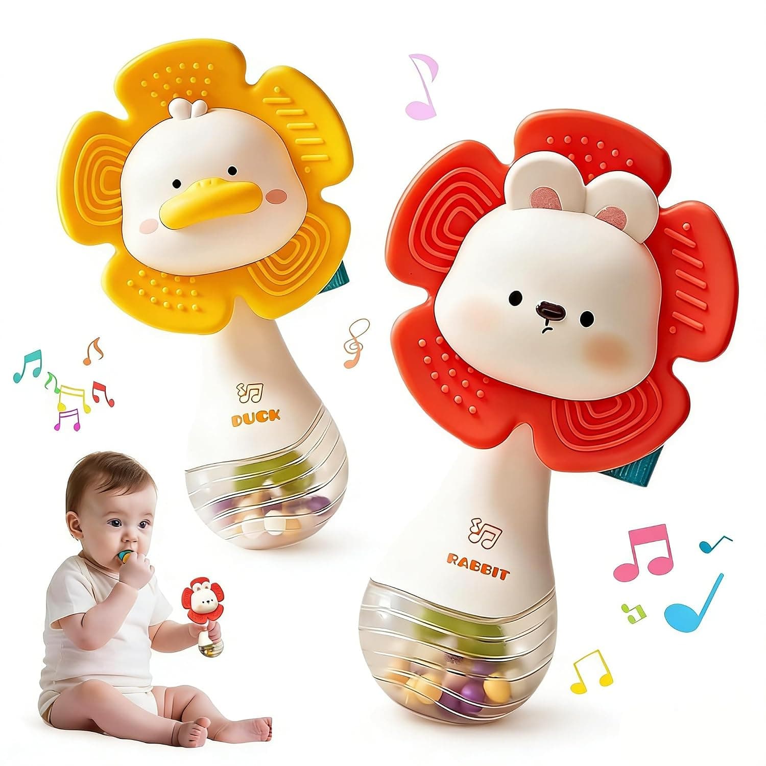 Baby Rattles, 2 PCS Toy, Baby Toy Sensory Toys with Beads Grasping Shaker, Baby Must Haves Montessori Toys Babies Gifts