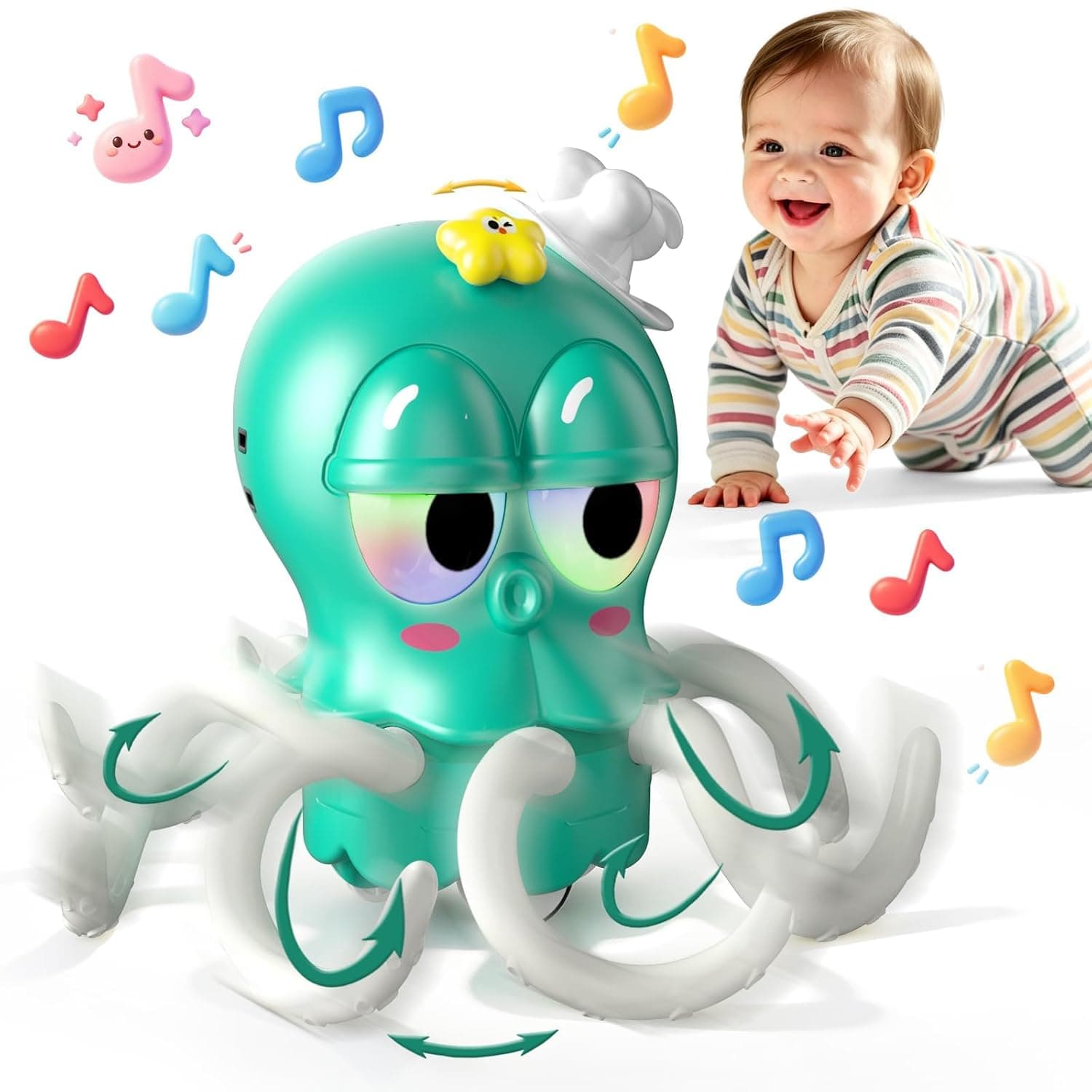 SKY-TOUCH Dancing Octopus Kids Toy, Baby Tummy Time Crawling Toys, Dancing Squid with Music & Light for Boys Girls, Infant Learning Crawling Walking Toy Toddler Birthday Gifts, 18 month+