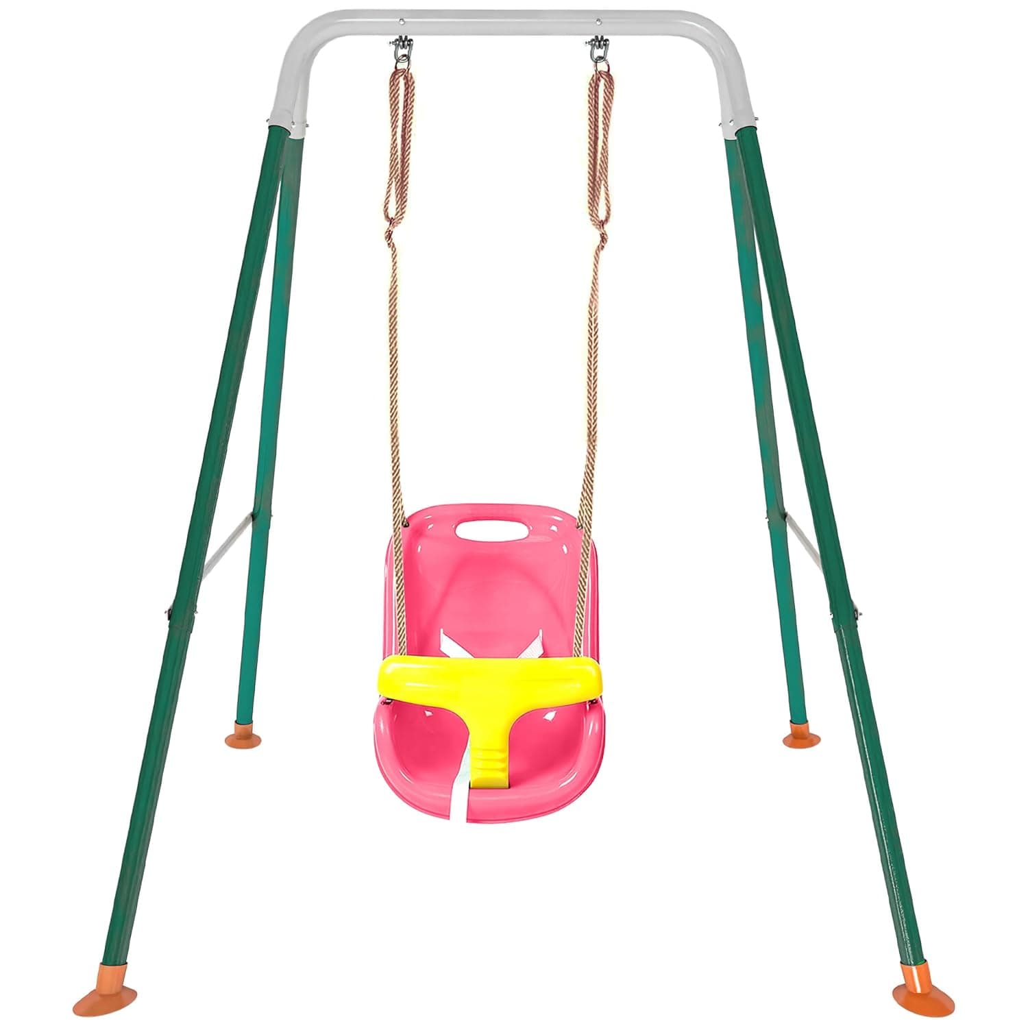 Funz Toddler Swing Set with Frame Indoor & Outdoor Baby Swing with Foldable Metal Stand Kids Swing Set for Backyard, Easy to Assemble & Store, Red