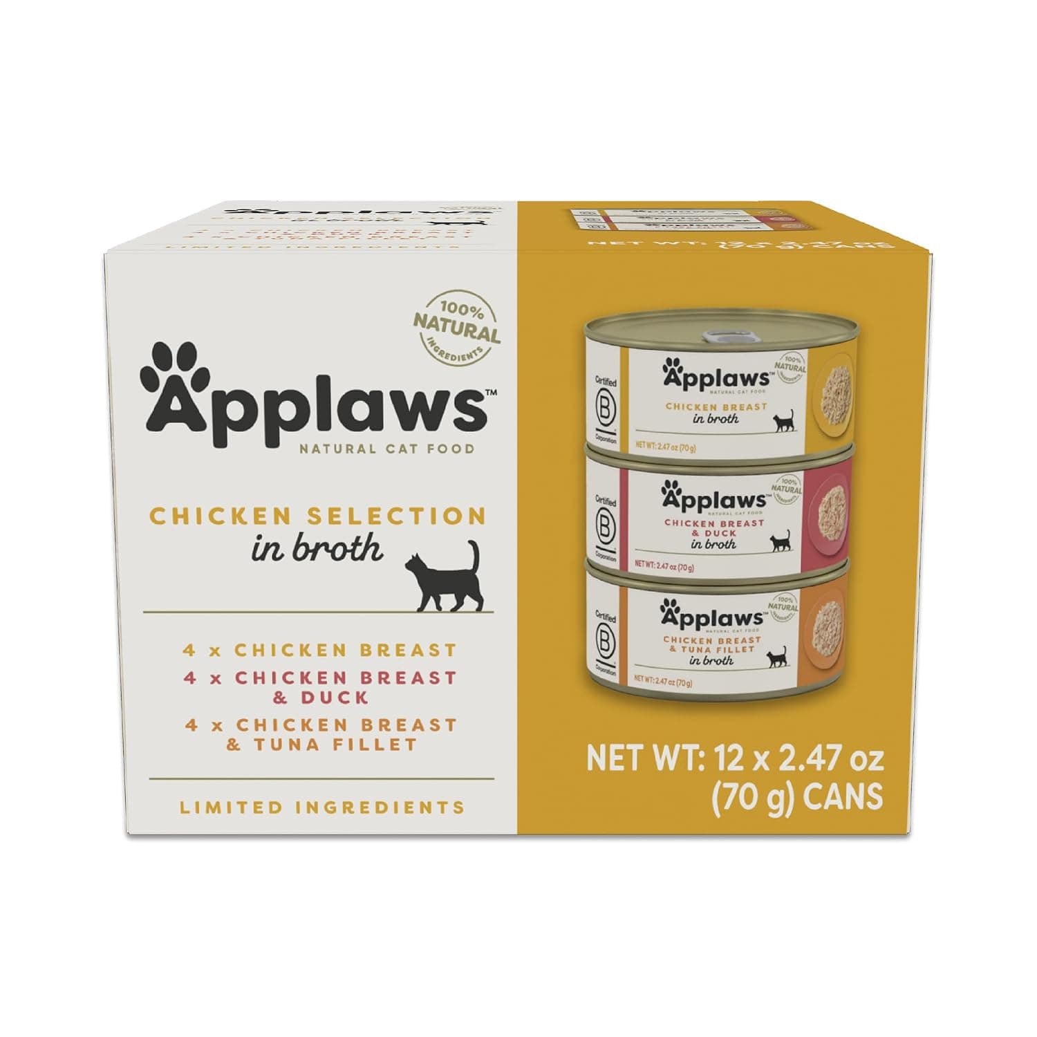 Applaws Natural Wet Canned Cat Food, Made with Limited and Natural Ingredients, Real Protein with No Artificial Additives, Chicken Selection Variety Pack in Broth (12 x 2.47oz Cans)