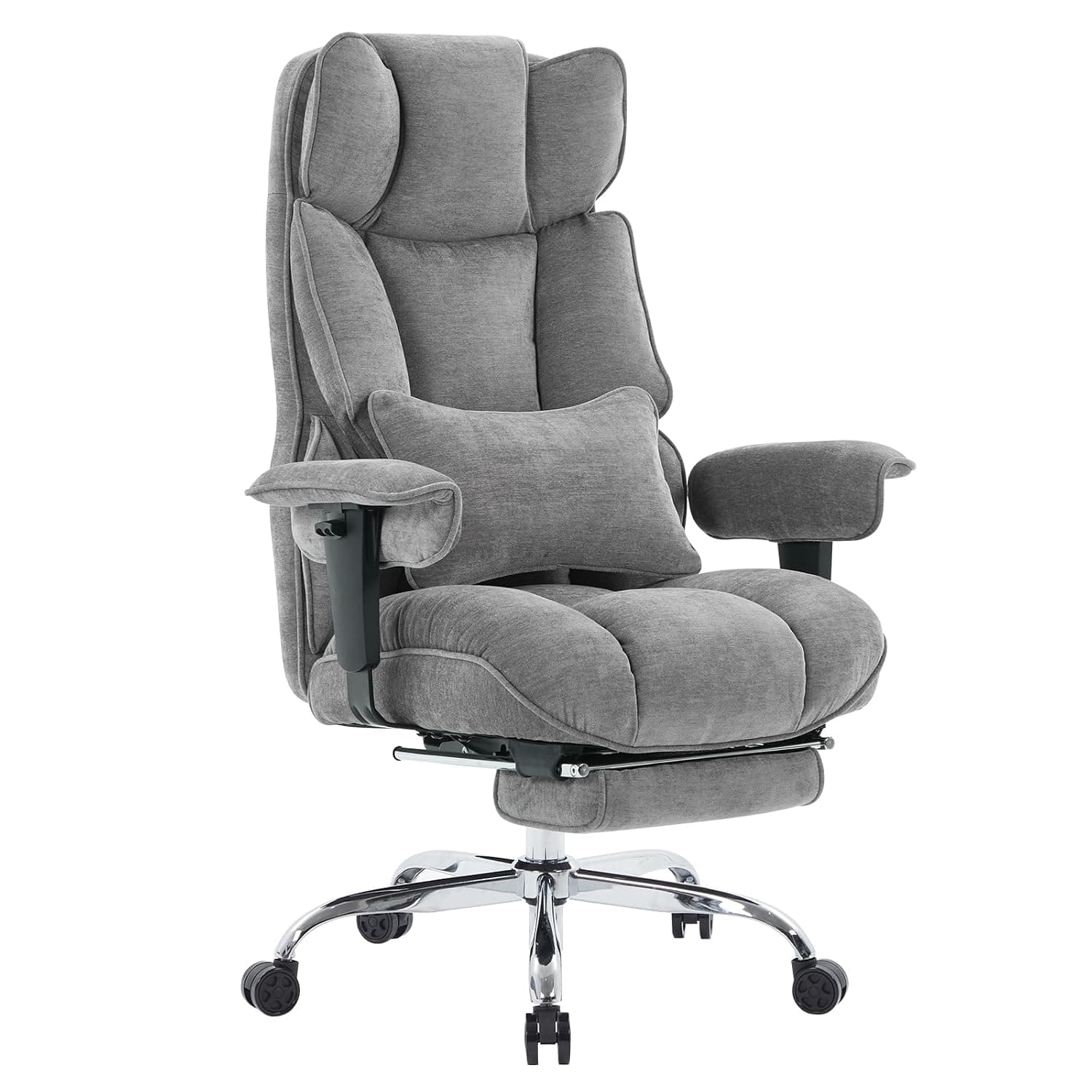 Efomao Big and Tall Fabric Office Chair for Home Office, Grey | Comfortable mattress-grade pocket spring cushion, 14.5 cm thick seat, reclining footrest for computer gaming setup