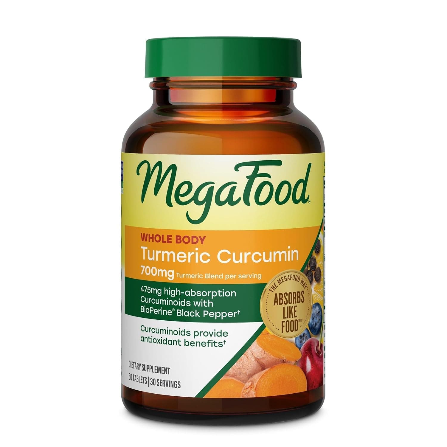 MegaFood, Turmeric Strength for Whole Body, 60 Tablets | 475 mg Curcuminoids Per Serving, Turmeric With Black Pepper and Vitamin C, Antioxidant and Immune Support, Vegan, 30 Servings