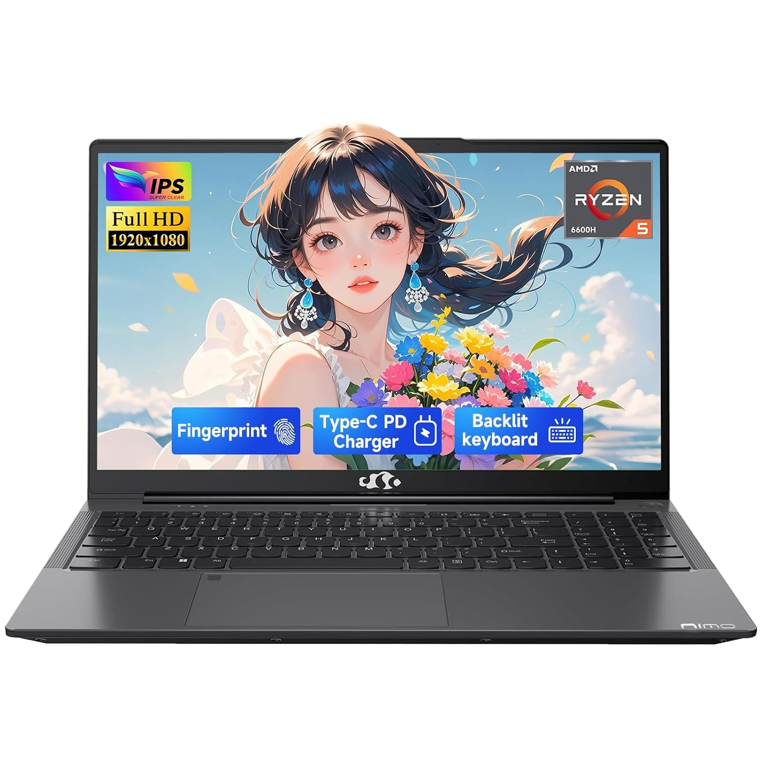 NIMO 15.6" IPS FHD-Gaming-Laptop, AMD Ryzen 5 6600H 6-Cores 660M GPU 16GB DDR5 RAM 1TB SSD(Beat i7-1165G7, Up to 4.5GHz) Computer with 100W GaN Type C Fingerprint Backlit Keyboard Win 11