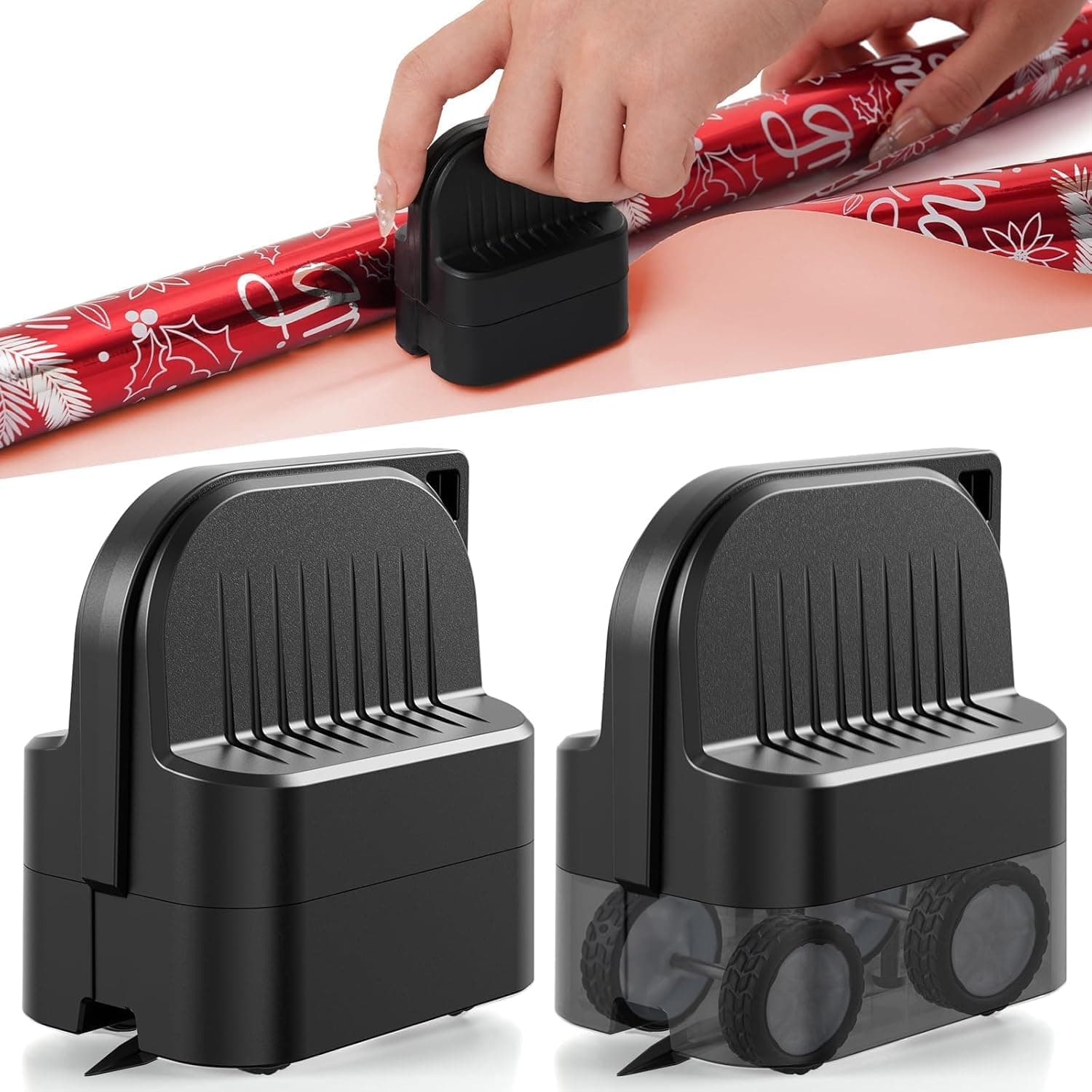 2-Pack Wrapping Paper Cutter with Wheels – Straight Line Gift Wrap Cutter for Christmas & Birthday, Fits Large Rolls with Replaceable Blades (Black)