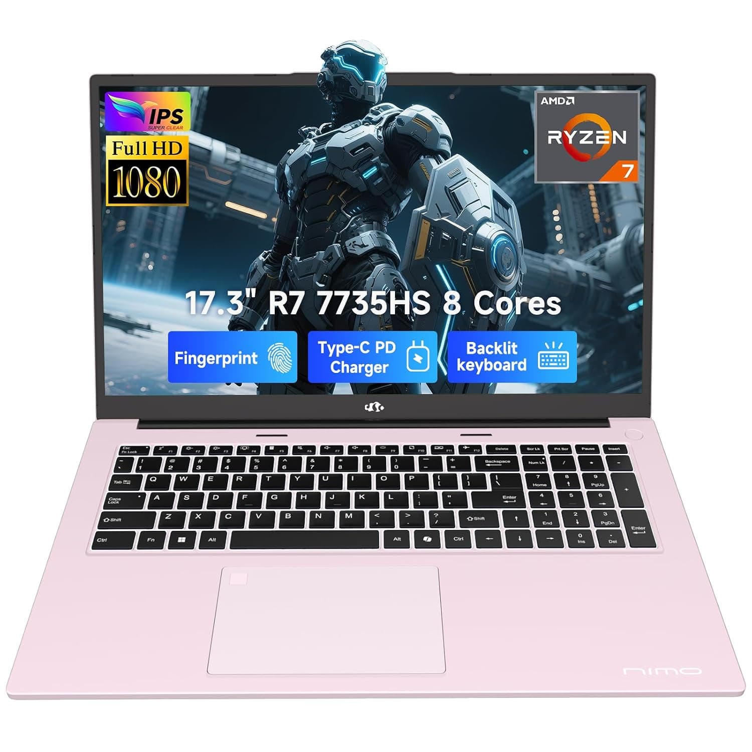 NIMO 17.3" Gaming-Laptop, AMD Ryzen 7 7735HS (8C/16T, Beats i7-12650H) 16GB DDR5 RAM 1TB SSD Computer with Radeon 680M, 100W Type-C, WiFi-6E, 75Wh Battery, Fingerprint, Backlit Keyboard for Business