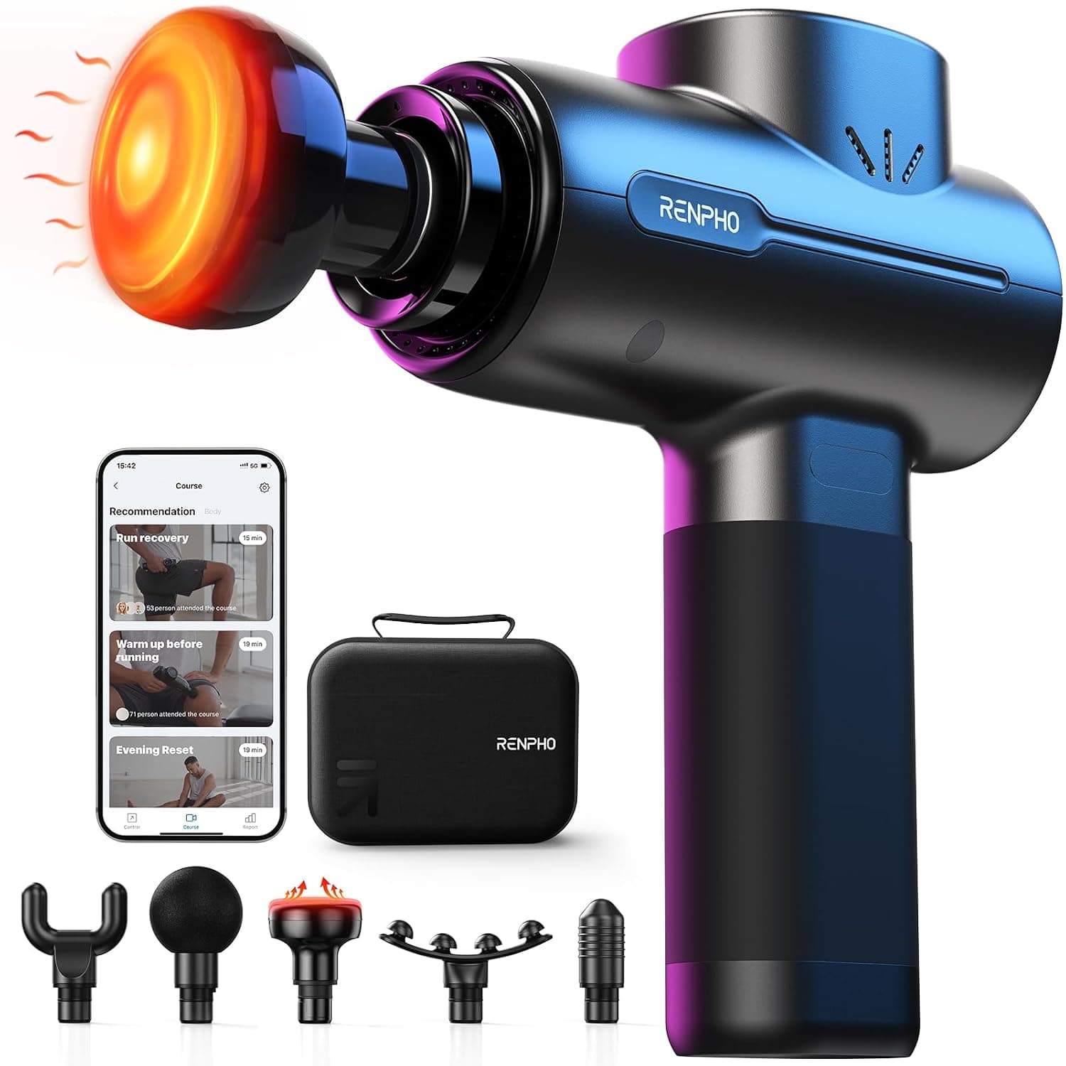 Muscle Massage Gun with Heat and Bluetooth, RENPHO Massage Gun Heating APP Compatible, Muscle Massager with PD 18W Type C Charge and LED Display, for Muscle Relaxation | LED Display, 5 Speeds & 5 Attachments, 10 mm Amplitude Muscle Massage Gun for Deep Tissue for Home & Fitness