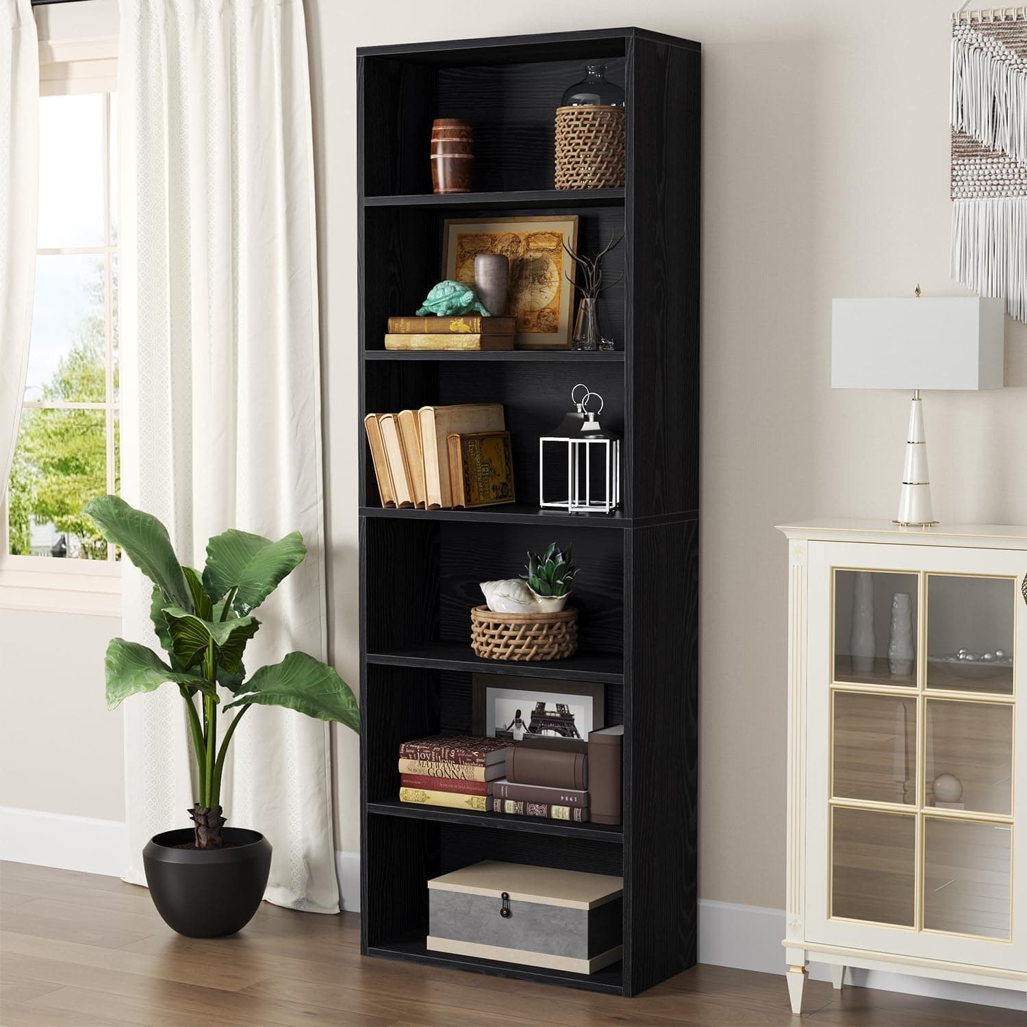 Gogoya Bookshelves and Bookcases Floor Standing 6 Tier Display Storage Shelves 180cm Tall Bookcase Home Decor Furniture for Home Office, Living Room, Bed Room (Vintage Black)