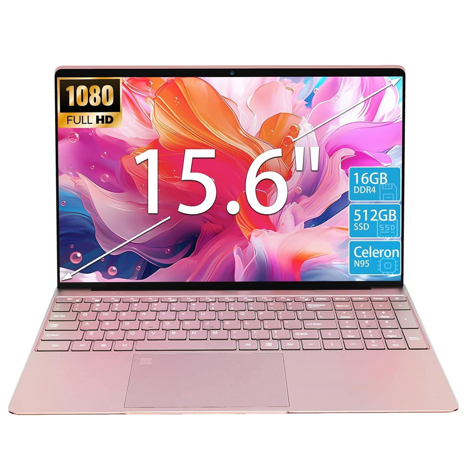 15.6" Laptop Computer, N95 Processor (4C4T, 1.7-3.4GHz) Gaming Laptop 16GB RAM 512GB PCIe SSD, FHD Display, Backlit Keyboard, Fingerprint Unlock, Students Business Laptop PC Win11 Pro OS,Rose Gold