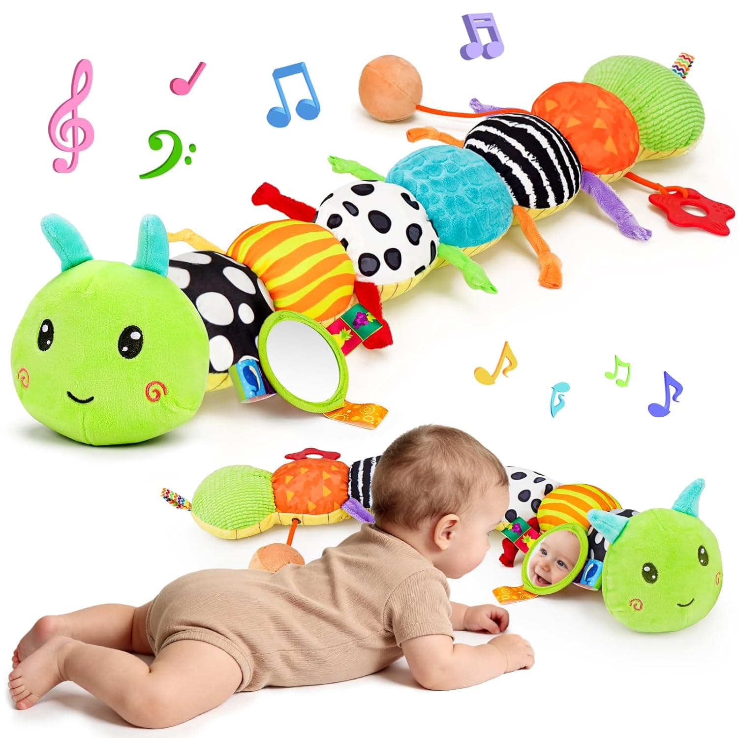 Baby Sensory Toy 0-6 Month Music Animal Stuffed Plush Caterpillar Toy for Infant 0-3-6 Month Tummy Time with Baby Mirror Crinkle Rattle for 6-12 Month Carseat Toys for Newborn Boys Girls Shower 1
