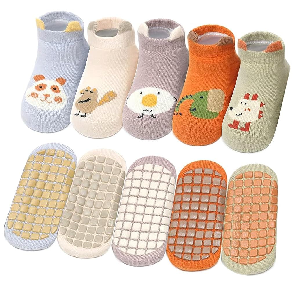 HANNEA® Baby Socks, Baby Socks Anti Slip, 5 Pairs Size (5.9 * 3.9"), Baby Ankle Socks with Non Skid Grips for Toddler Kids Boys Girls 1-3 Years, Cute Breathable Socks Multiple Colors
