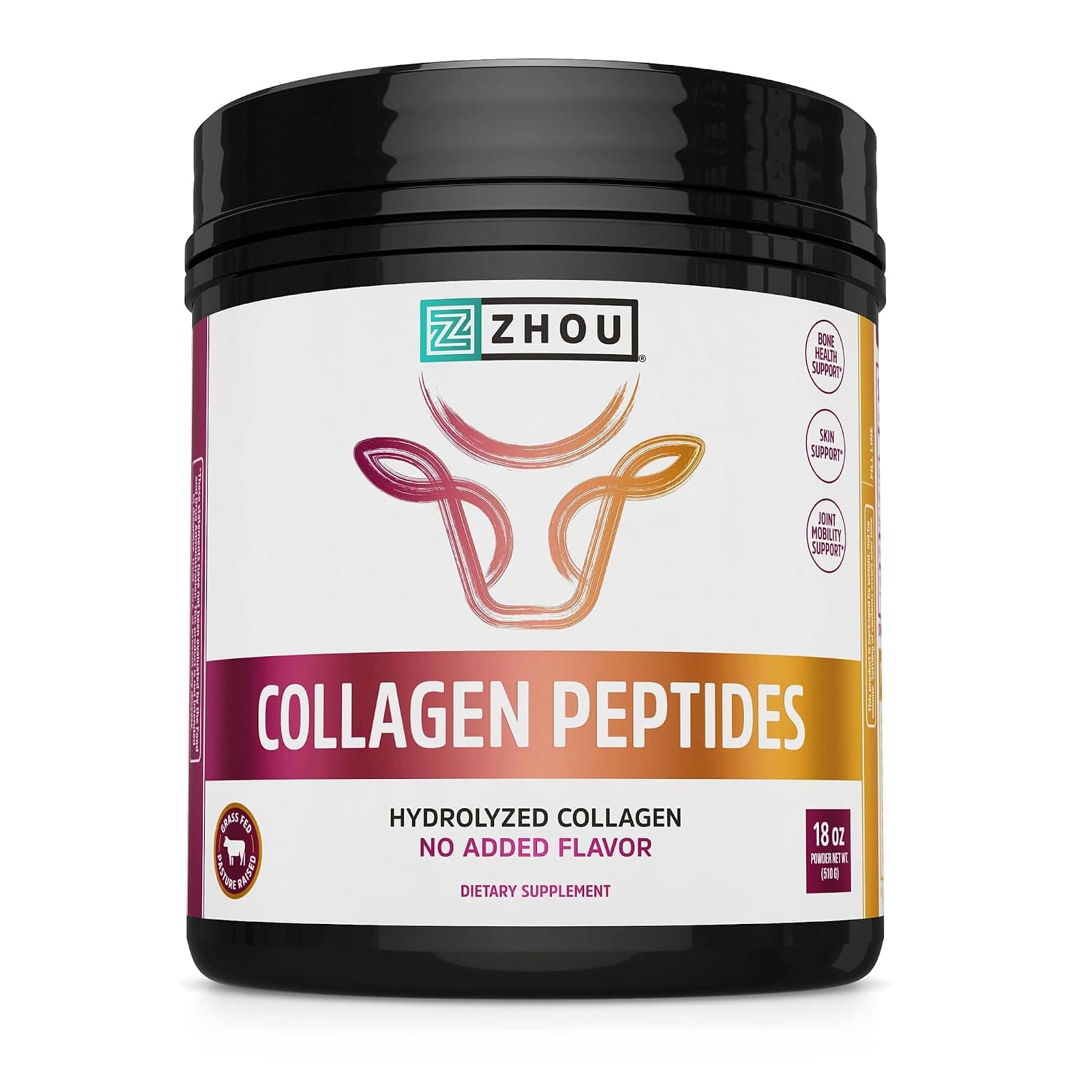 Zhou Collagen Peptides Hydrolyzed Protein Powder – Grass Fed, Pasture Raised, Unflavored, Hormone-Free, Non-GMO,18 Ounce | Pure Hydrolized Collagen Powder for Women & Men, Grass Fed Natural Bovine for Skin, Hair Growth, Joints & Bones