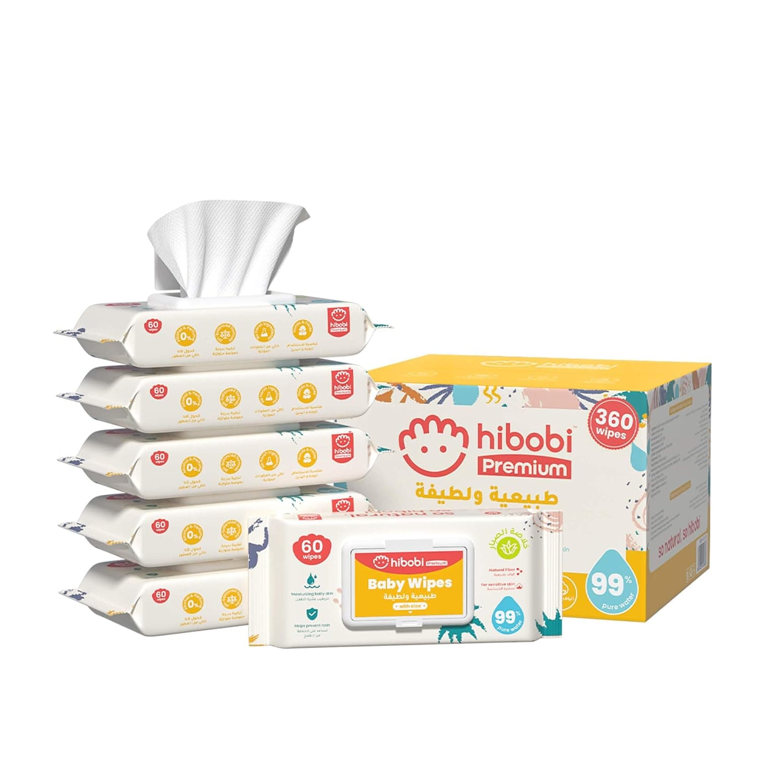 hibobi 99% Pure Water Baby Wipes With Aloe, Gentle Cleansing Baby Wipes, 6X60, 360 Baby Wet Wipes(6 Packs)