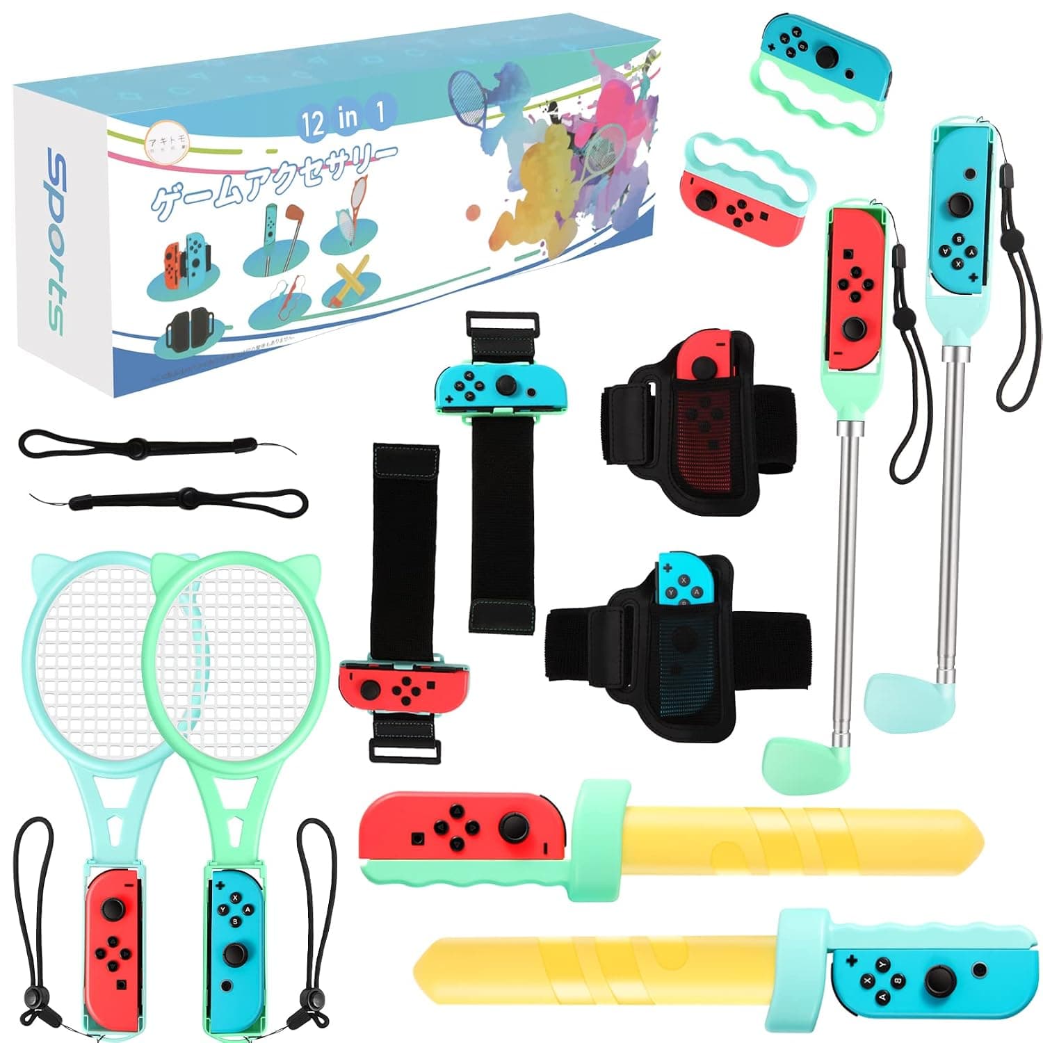 OLDZHU 12 in 1 Sports Accessory Kit Compatible with Nintendo Switch, Accessories for OLED Sports Switch with Golf Clubs, Tennis Rackets, Strap Football Legs, Sword, Bowling (Cyan + Blue)