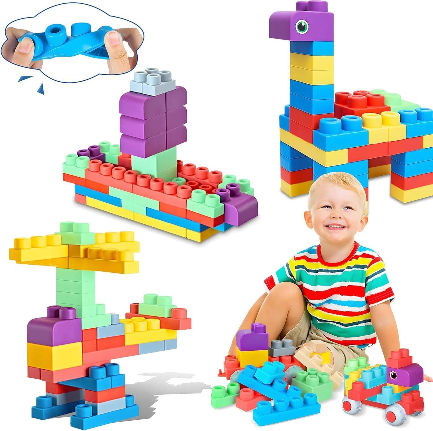 Joyzzz Soft Rubber Building Block, BPA Free Nontoxic Stackable Toy, Large Baby Blocks for Safe Creative Play, Preschool Learning Activity, Montessori Sensory Toy for Toddlers Ages 1-3 Years