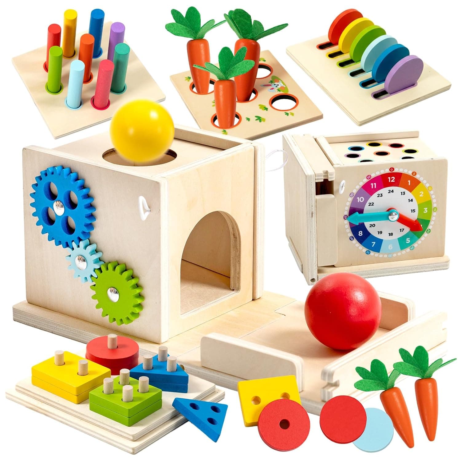 Nene Toys Montessori Toy 1 Year – FSC Wooden Activity Cube 7-in-1 – Learn Colours, Sort, Fit and Stack – Baby Educational Game – Educational Gift for Boys and Girls 1 2 3 Years
