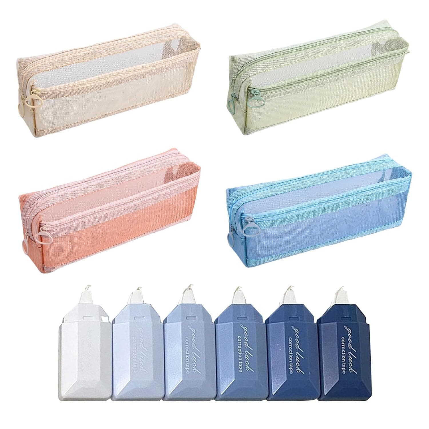 4 Pcs Mesh Zipper Pouch Set with Correction Tape - 8.7 Inch Clear Makeup Brush Bag & Travel Organizer, Square Cosmetic Pencil Case for Stationery, Lipstick, Earphones, Keys (Multicolor)