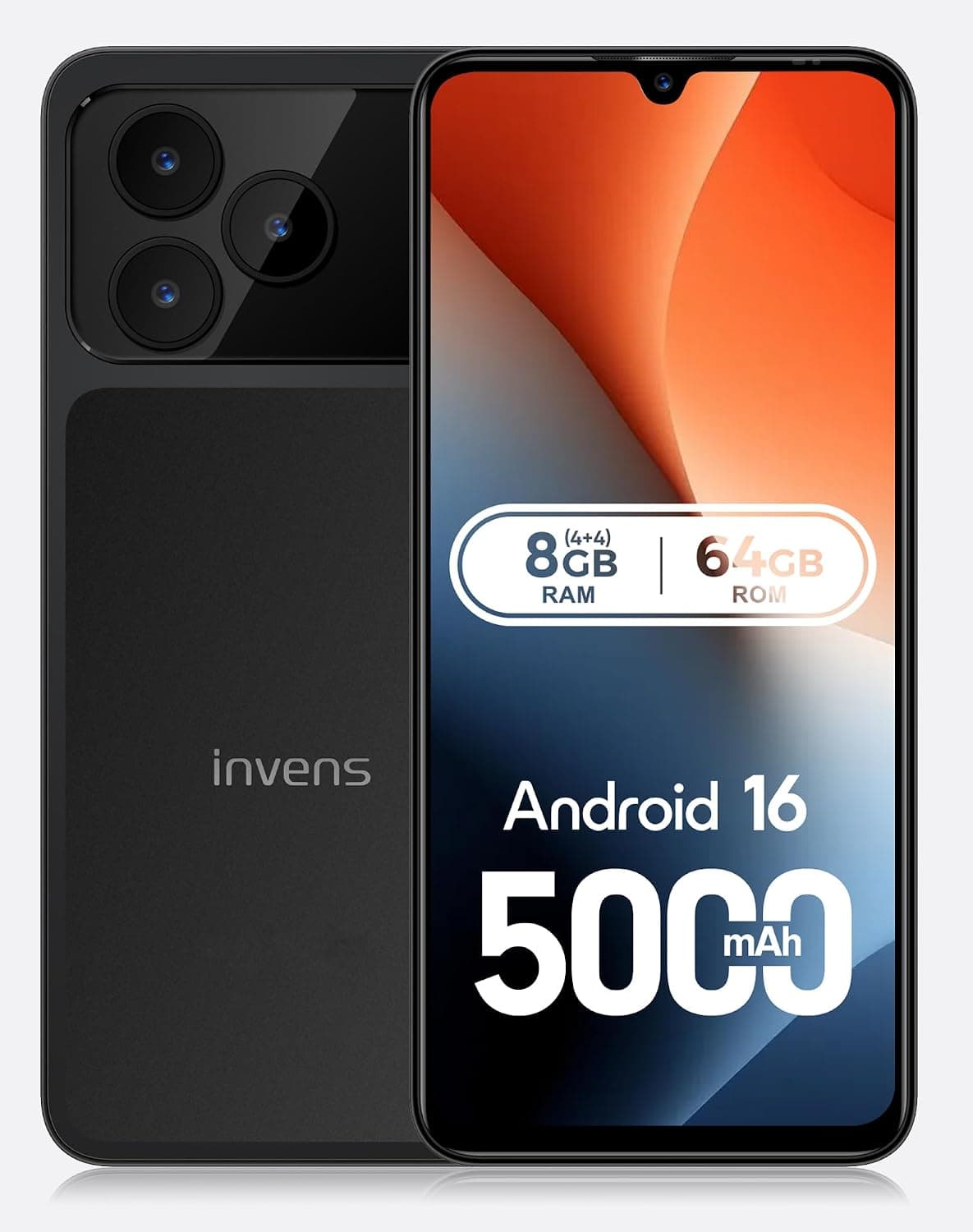 هاتف invens NOTE 17P جوال ذكي 4G بشريحتين، شاشة كبيرة 6.88 بوصة HD+، بطارية 5000mAh تدوم طويلاً، ذاكرة 4+64GB قابلة للتوسيع، موبايل مفتوح الشبكة بدون عقد، مناسب للاستخدام اليومي، أسود