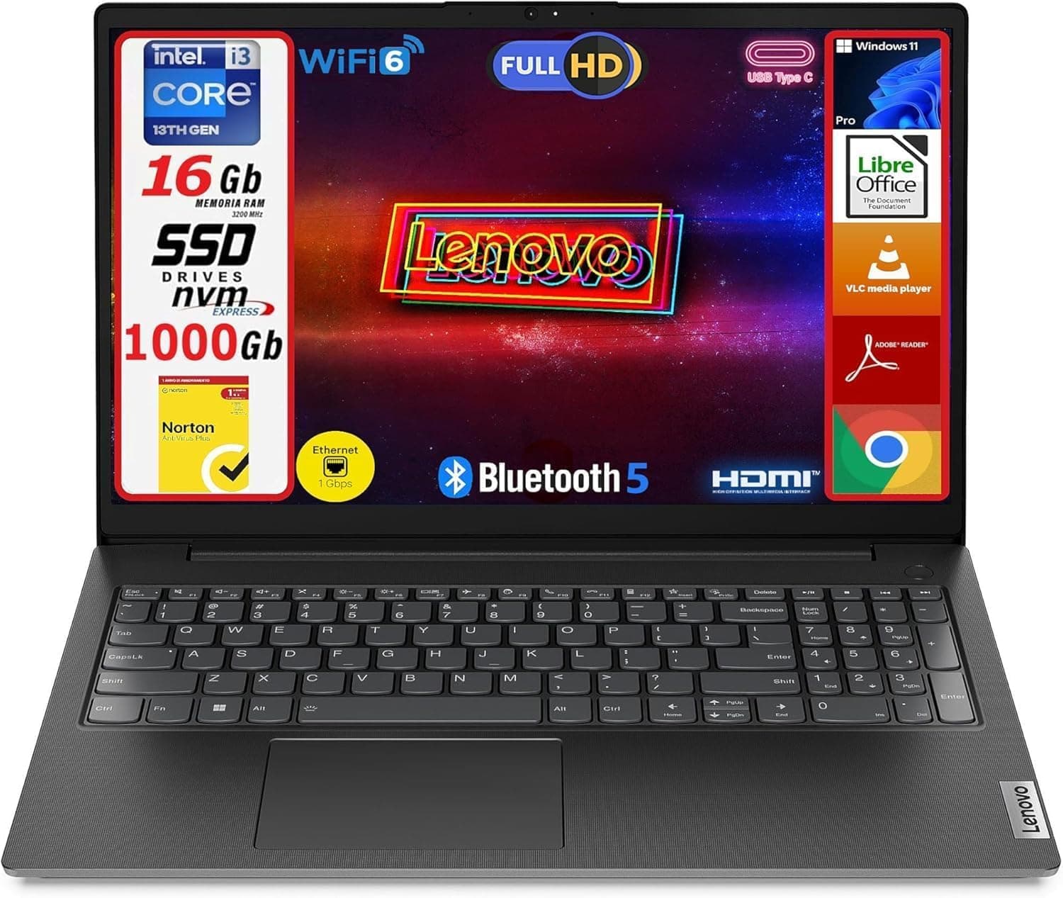 Lenovo V15 G4 Notebook, 13th Gen Intel i3 CPU, 15.6" Full HD Laptop Display, 16GB DDR4 3200MHz RAM, 1000GB (1TB) NVMe SSD, Windows 11 Pro, Norton AntiVirus Plus (1 Year) - Laptop Ready to Use