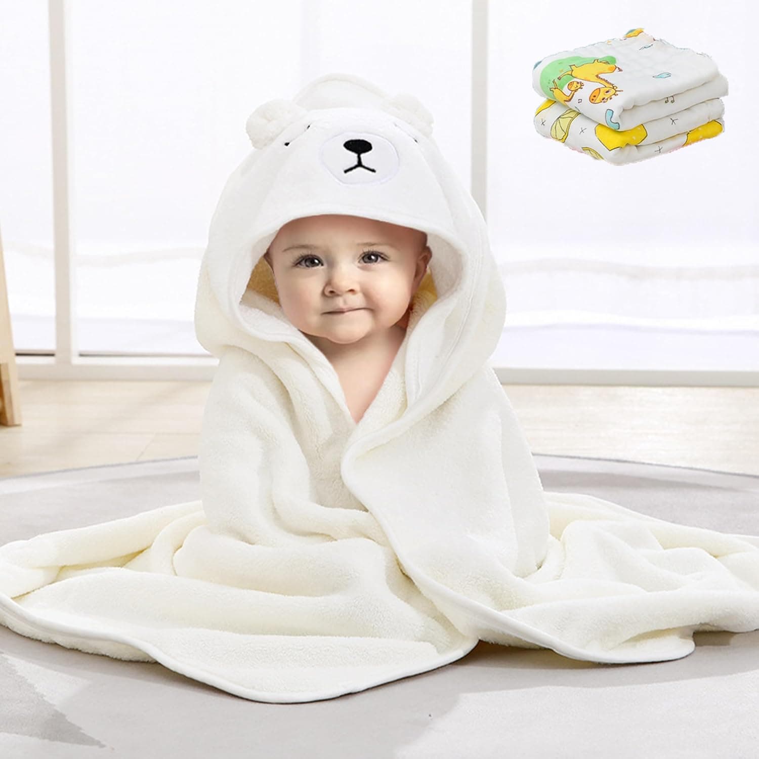 Hooded Baby Towel with 2 Towel for Kids, JOZUTTOW Premium Soft Bath Towel for Baby, Newborn,Infant, Natural Baby Stuff Towel, Soft Coral Bath Towel for Boys and Girls 80x80cm (Beige)