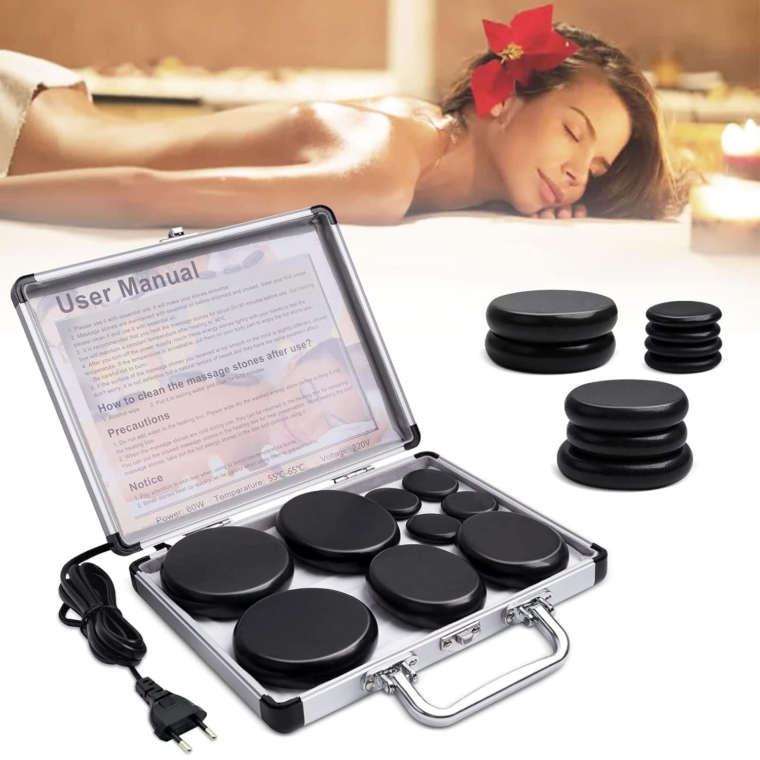 Hot Stone Massage Set, Lava Stones for Massage, 9 Pieces Massage Stone Basalt in Heating Case, Portable, Suitable for Private Users, Spa, Massage Therapy & Relaxation, Wellness Gift