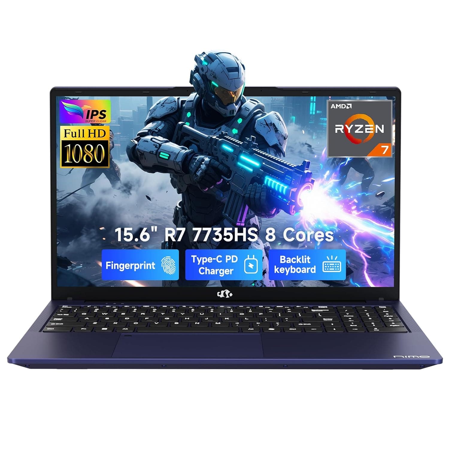 NIMO 15.6" IPS FHD Gaming Laptop, 8 Cores Ryzen 7 7735HS 16GB RAM 1TB SSD (Beats i7-12650H, Up to 4.75GHz) Computer with Radeon 680M 100W Type-C Backlit Keyboard Fingerprint Unlock