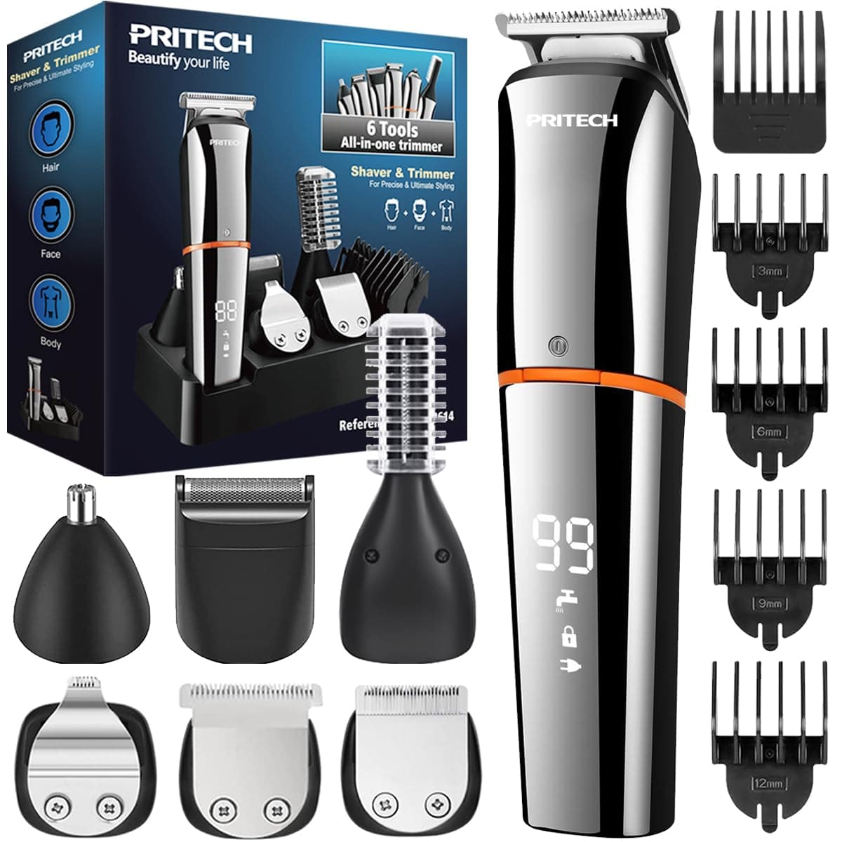 PRITECH Hair Clippers, Beard Trimmer for Men, Cordless Hair Trimmer Hair Cutting Groomer Kit, USB Rechargeable 6 in 1